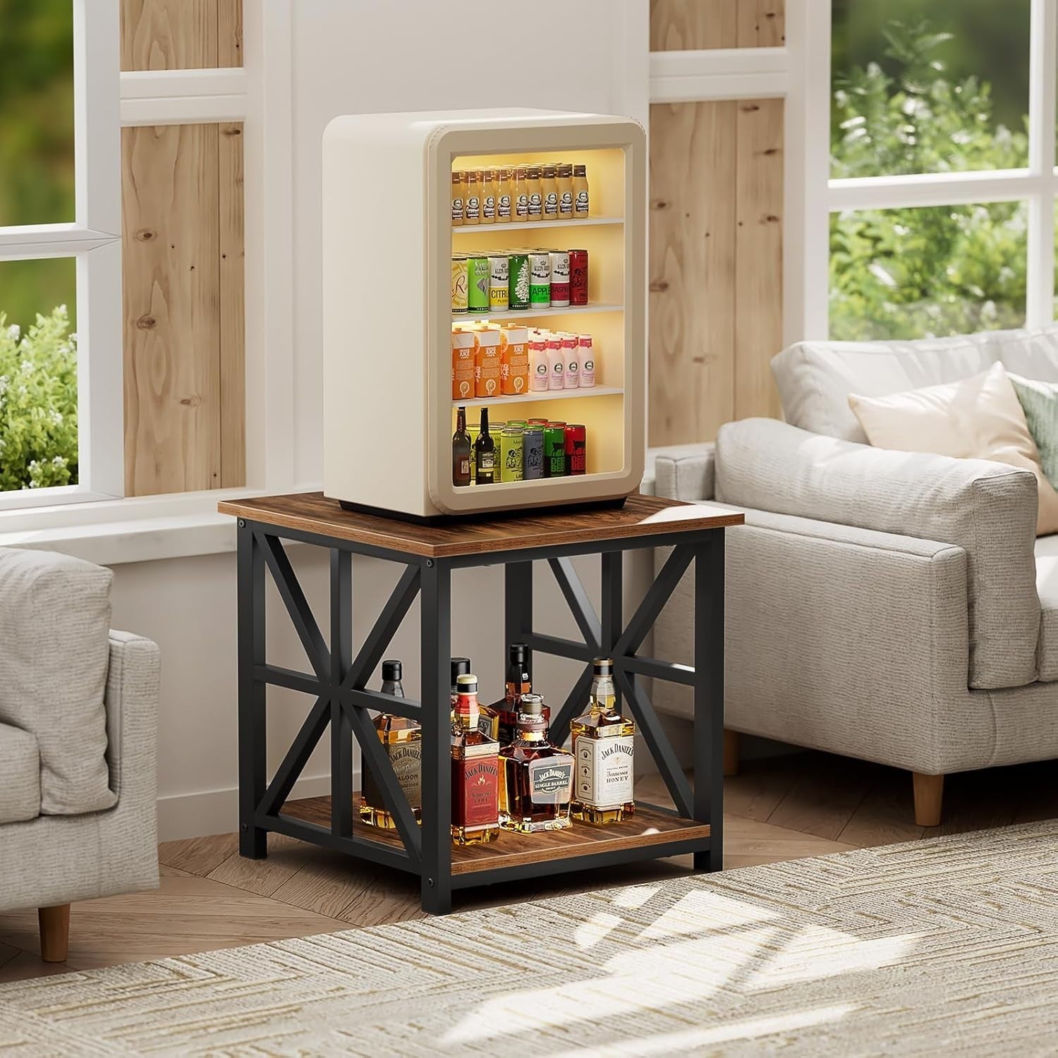 Walnut 2-Tier Square Side Table 60x60x60 cm | Large End Table w/ Storage