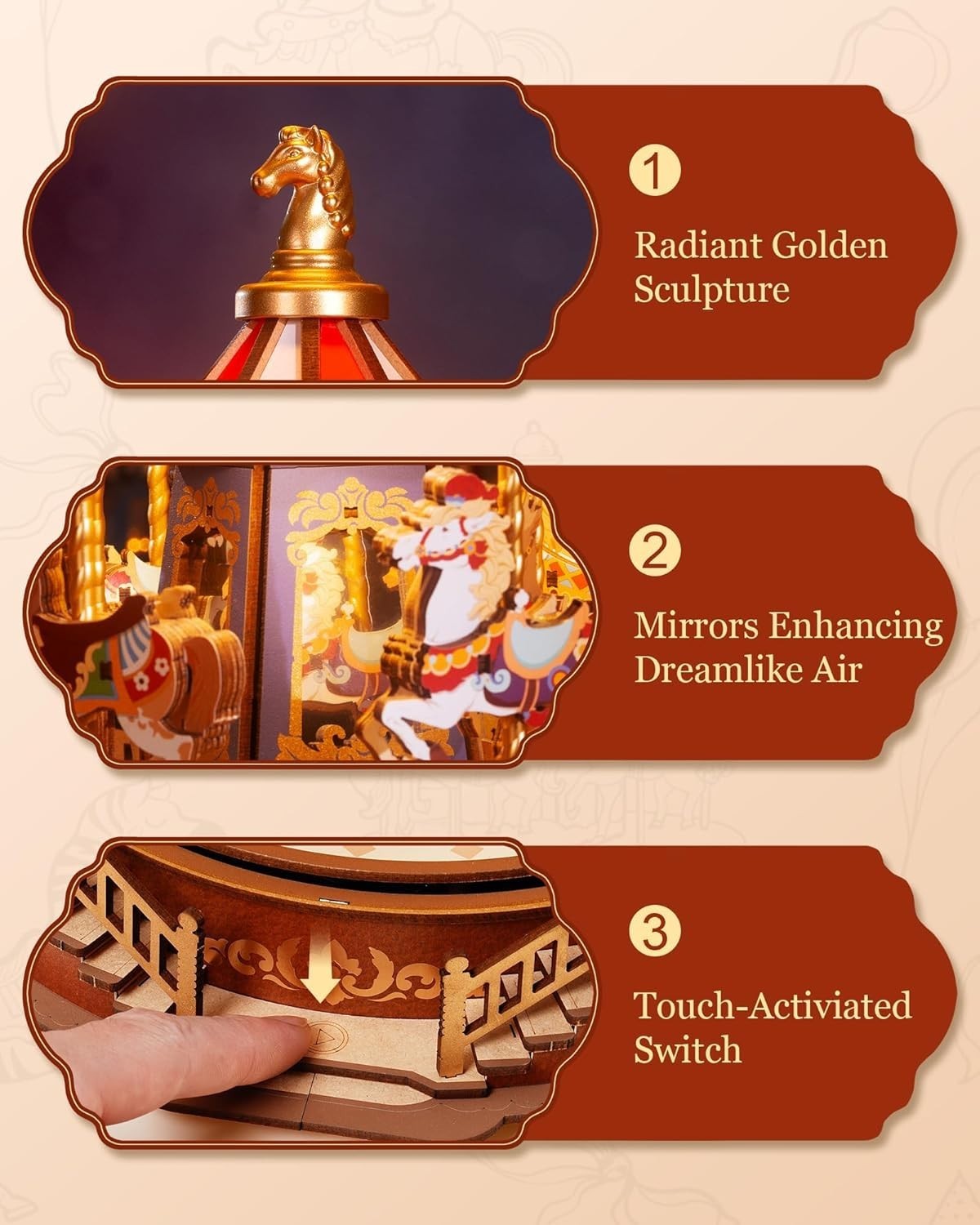 3D Wooden Carousel Music Box Kit LED Light Mechanical Puzzle Decor