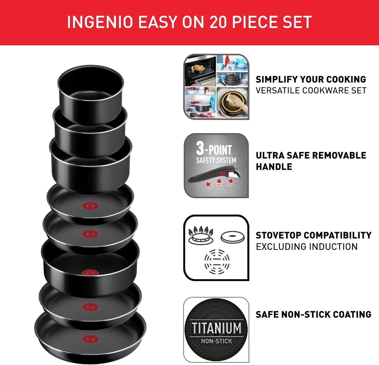 20pcs Non Stick Pots & Pans Cookware Set Stackable Easy Clean Removable Handle