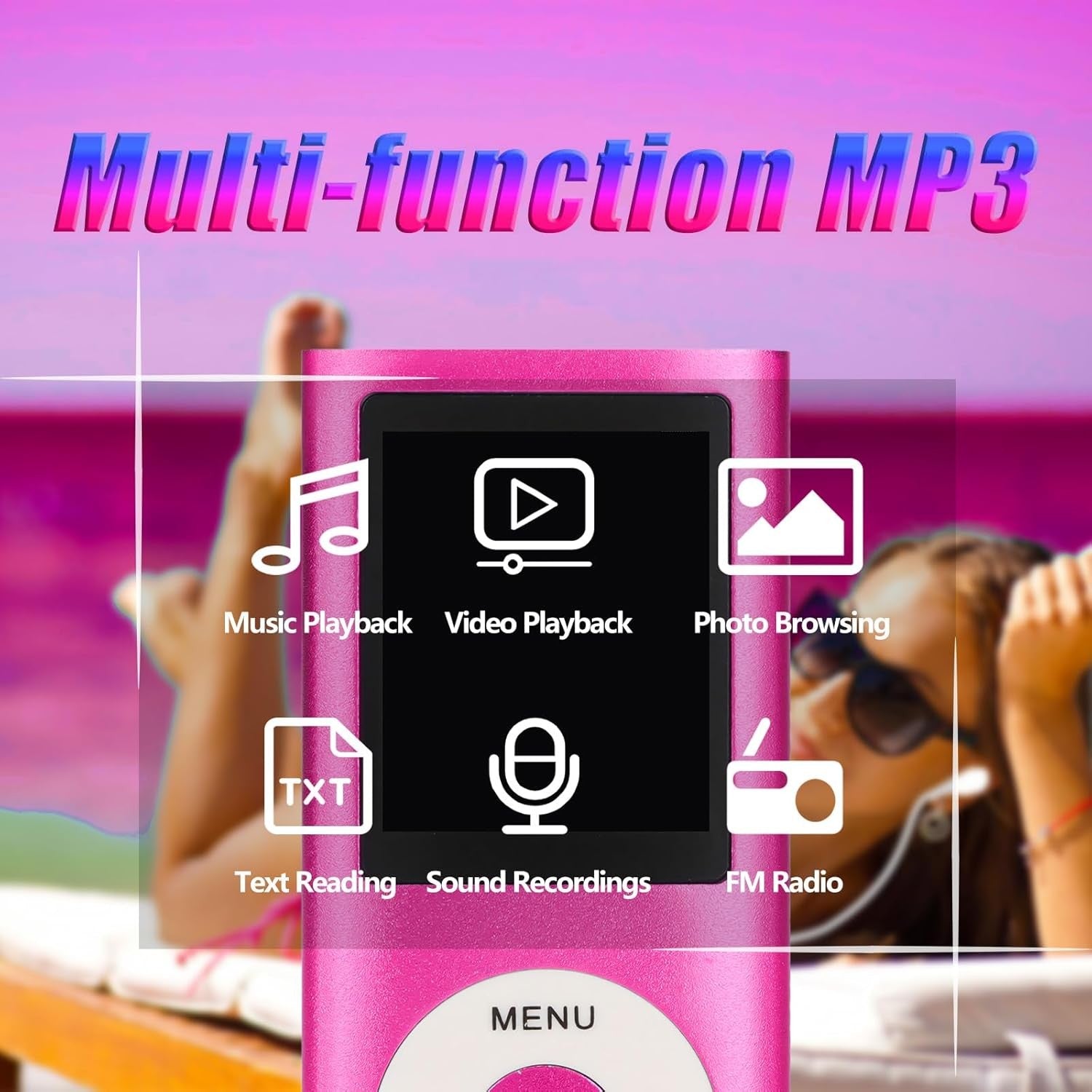 64GB MP3 Player Pink Bluetooth HiFi 1.8" LCD FM