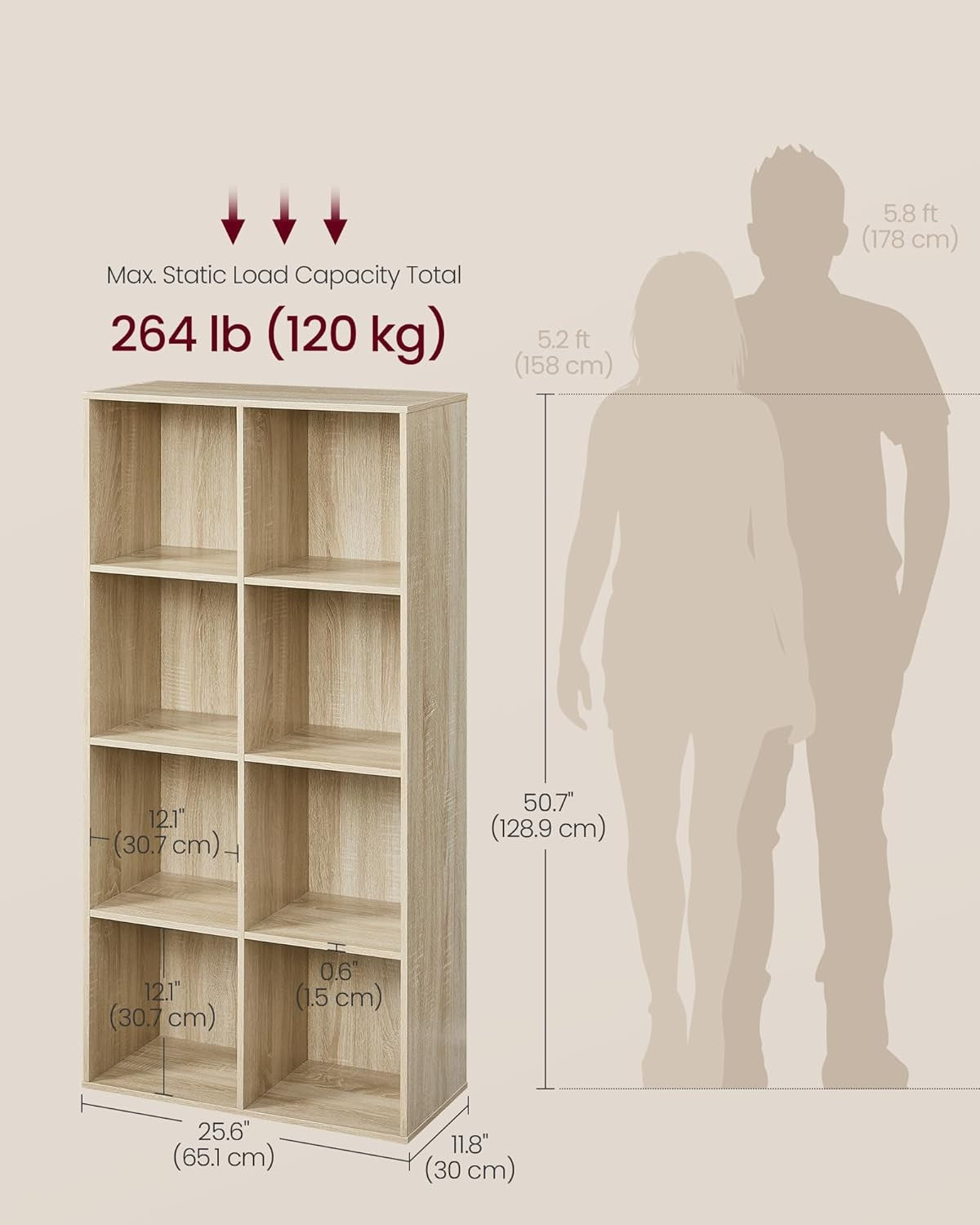 8-Cube Oak Bookcase | Tall Storage Shelf Unit for Living Room Office Bedroom