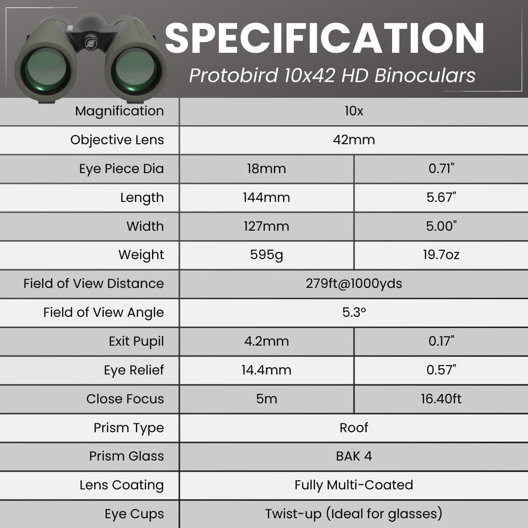 10x42 High Power Waterproof Binoculars Lightweight Clear Bright Outdoor Viewing