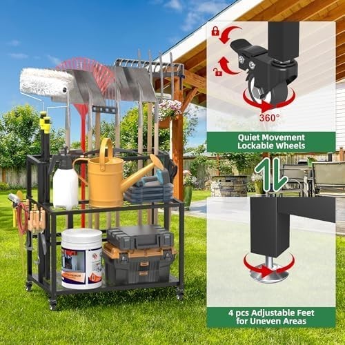 Heavy-Duty Garden Tool Rack 70x55x80cm 3-Tier Rolling Shed Organizer