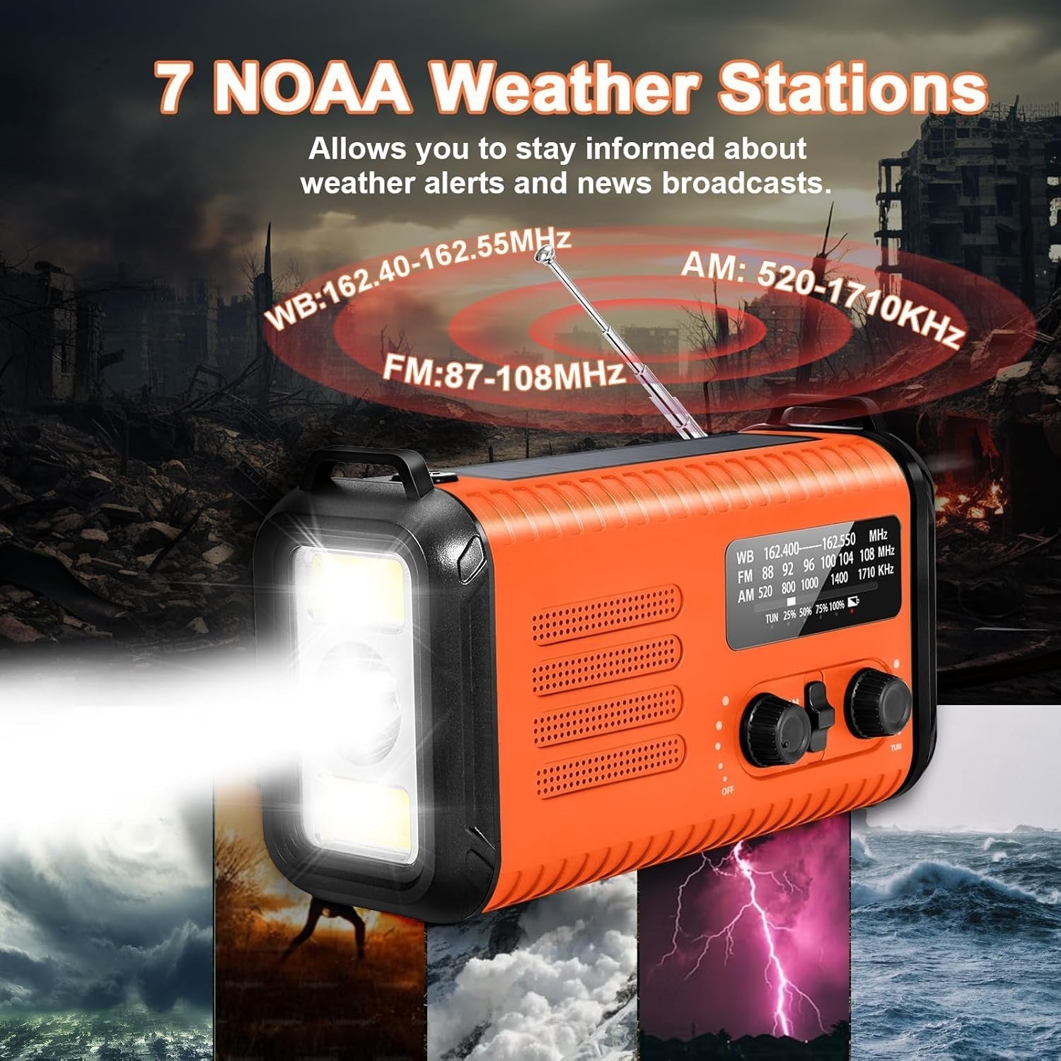 Emergency Solar Hand Crank Radio 20000mAh AM/FM/NOAA Flashlight Orange