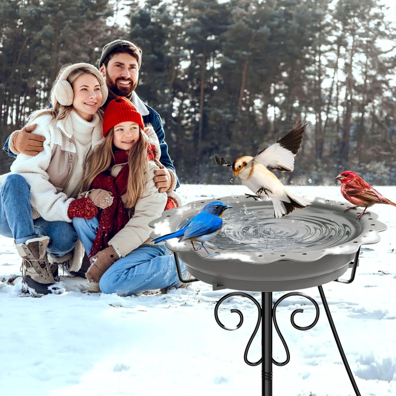 Heated Bird Bath Outdoor Water Feeder 100W Thermostat Grey Metal Stand Winter
