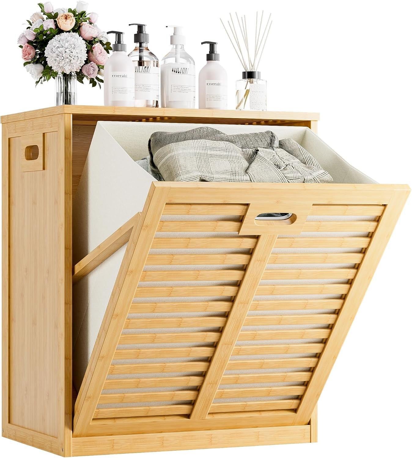 Bamboo Tilt Out Laundry Hamper Cabinet with Hidden Basket Storage Natural