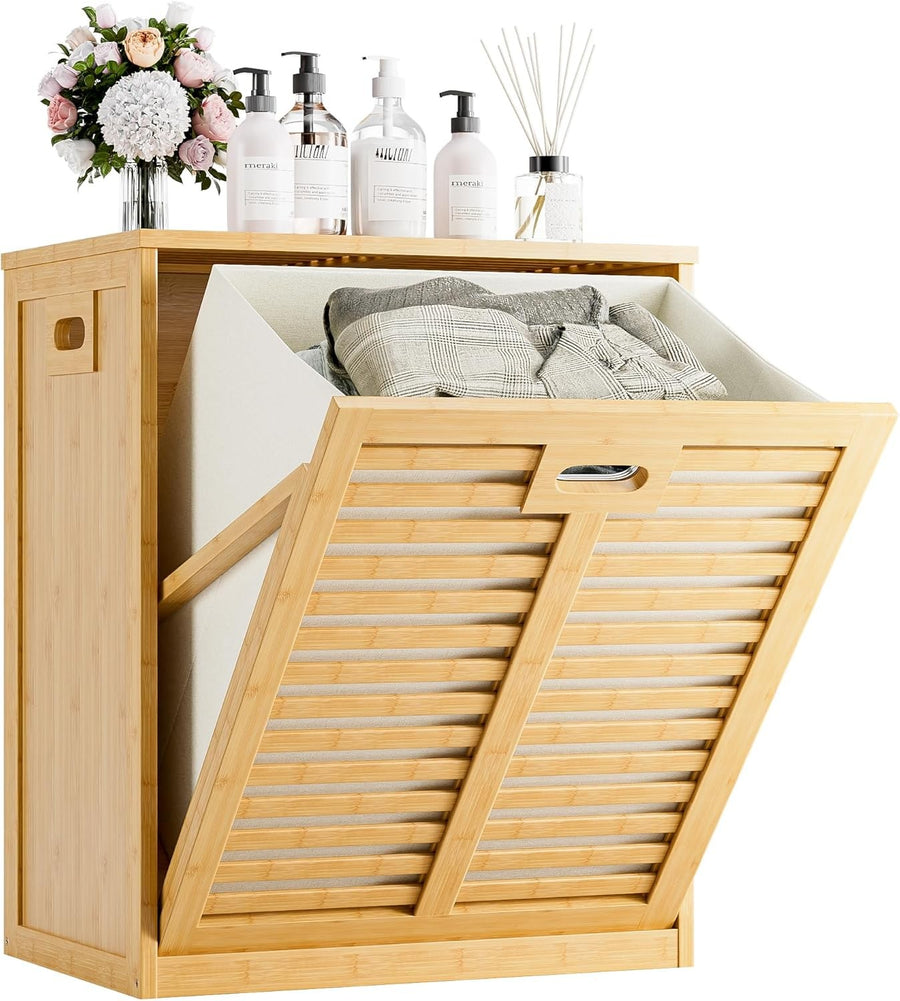Bamboo Tilt Out Laundry Hamper Cabinet with Hidden Basket Storage Natural