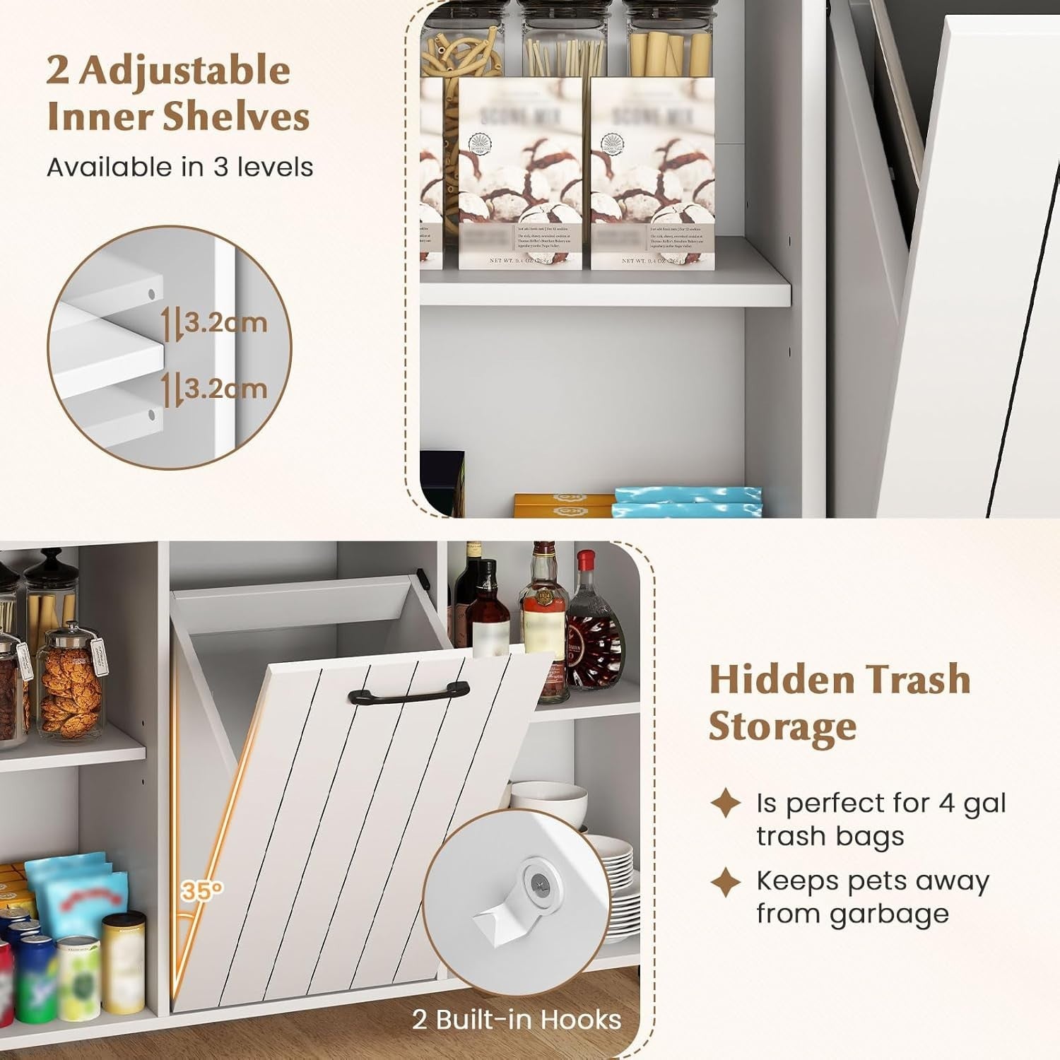 Kitchen Island Trolley with Trash Bin, Drawers & Shelves 147x41.5x87.5cm