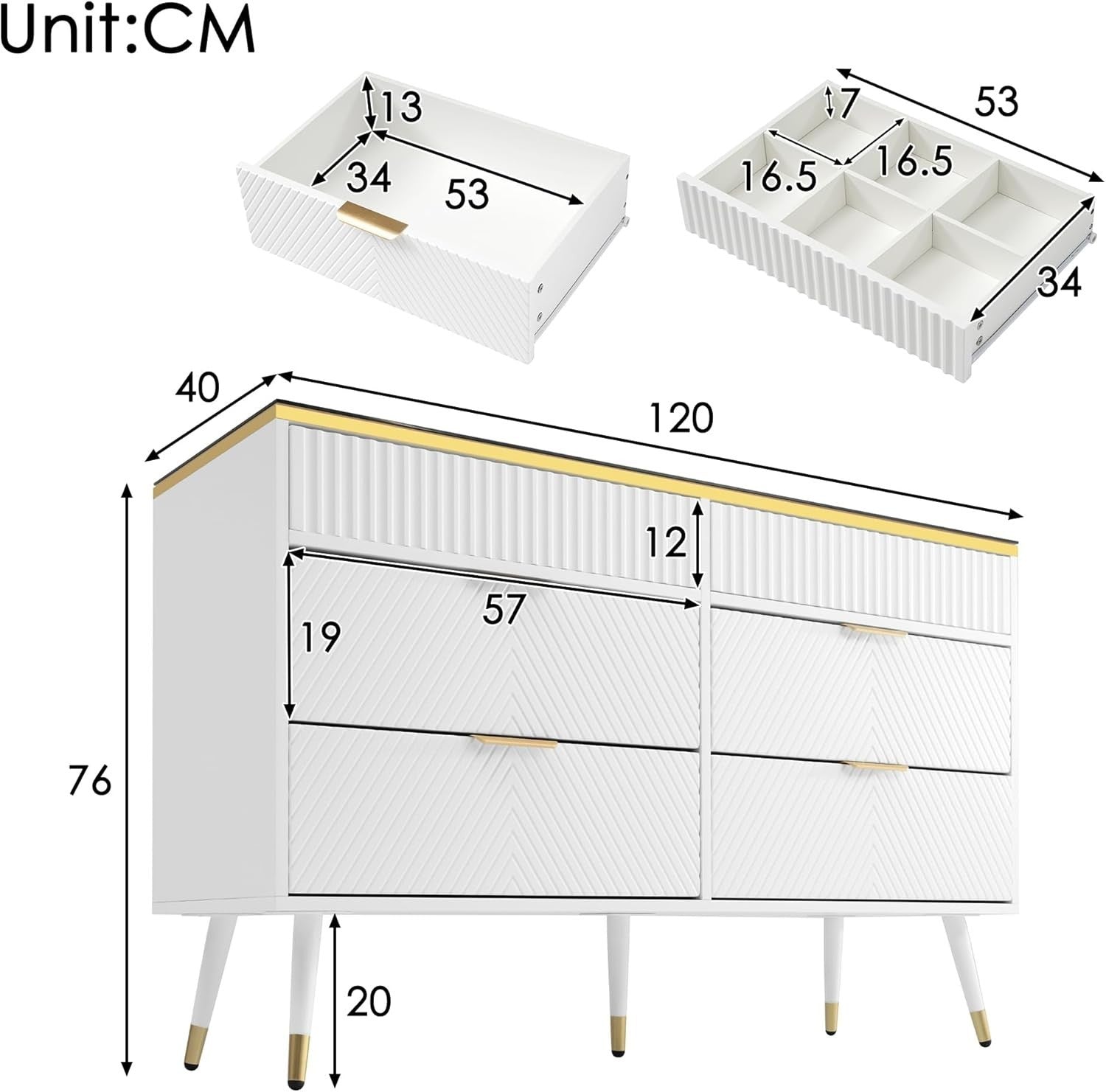6 Drawer Chest of Drawers White Sideboard with Amber Glass Top Storage Unit