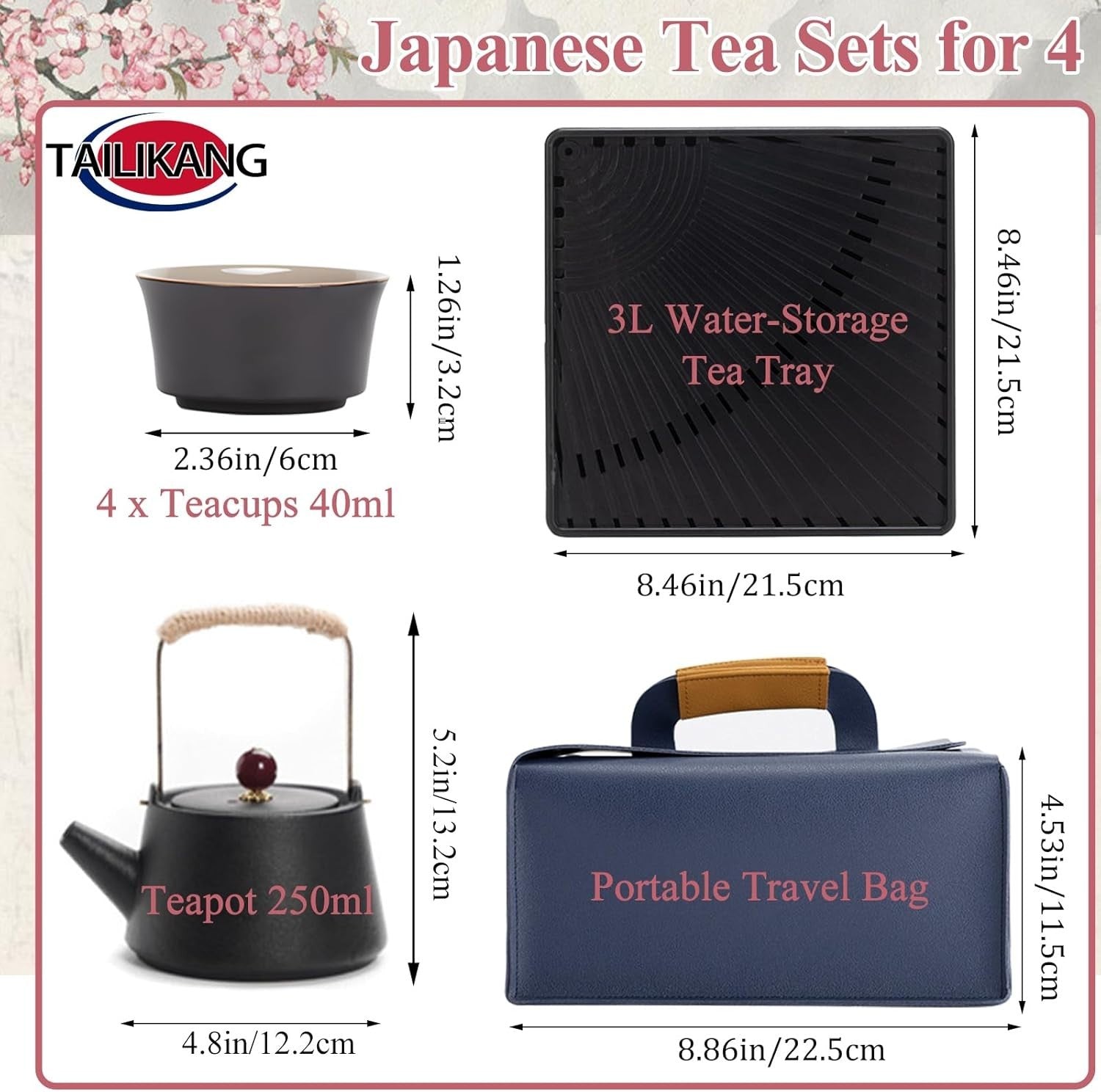 7Pc Gongfu Tea Set Ceramic Teapot 4 Cups Tea Tray Travel Bag Kit