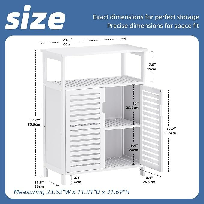 White Bamboo Storage Cabinet with Shutter Doors & Open Shelf 60x30x80cm