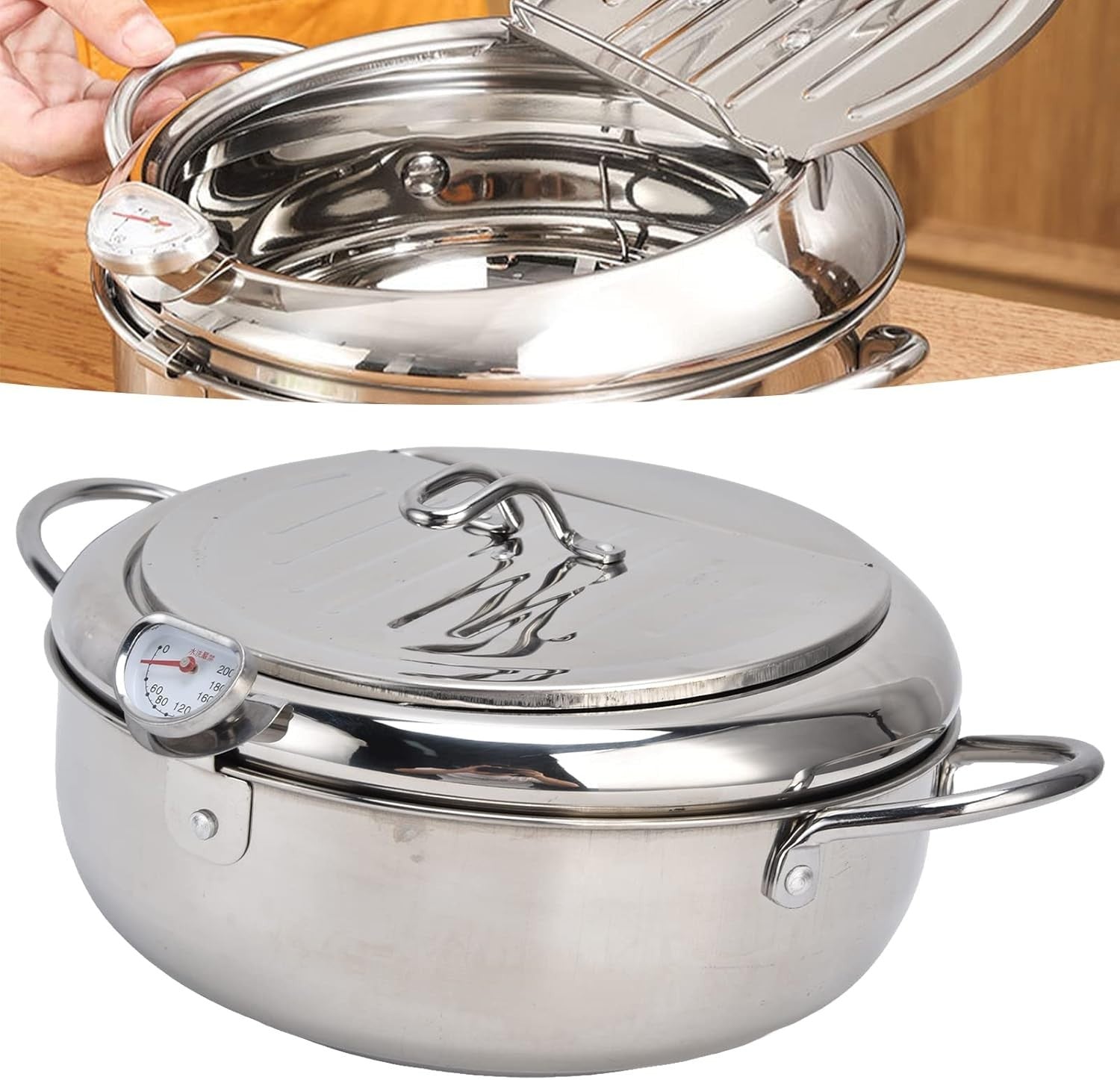 Stainless Steel Tempura Fryer Pot w Thermometer Lid Oil Drip Rack