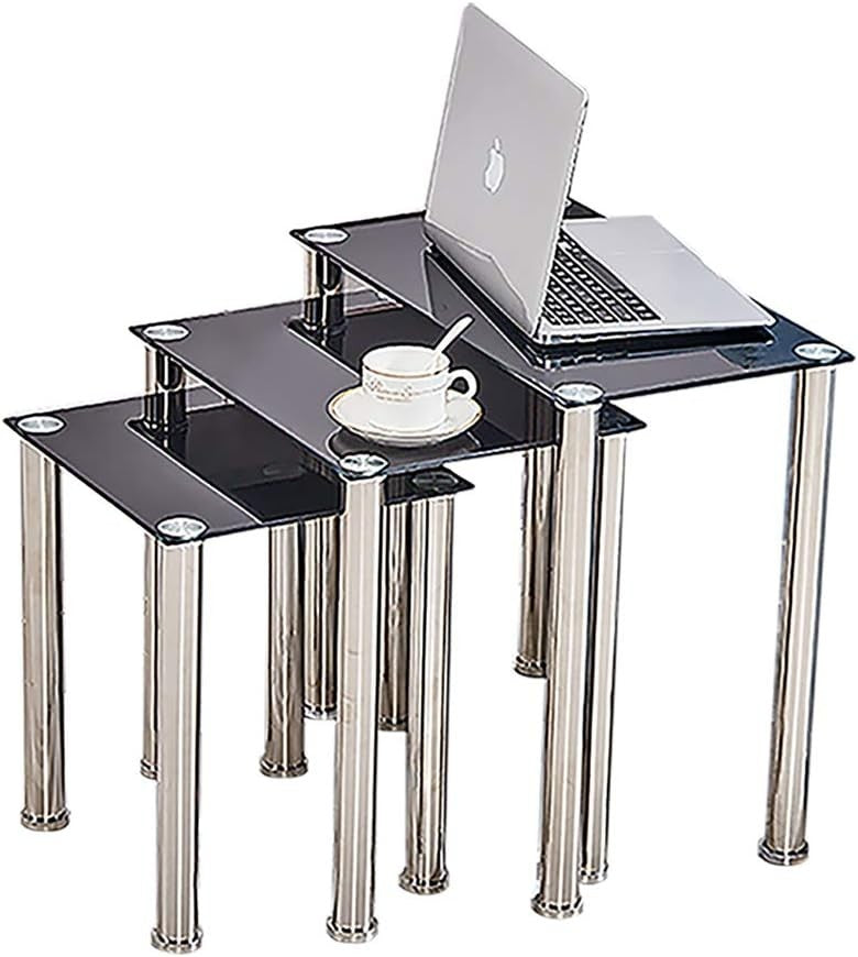Nest of 3 Modern Coffee Table Set Rectangular Glass Top Chrome Metal Legs Black
