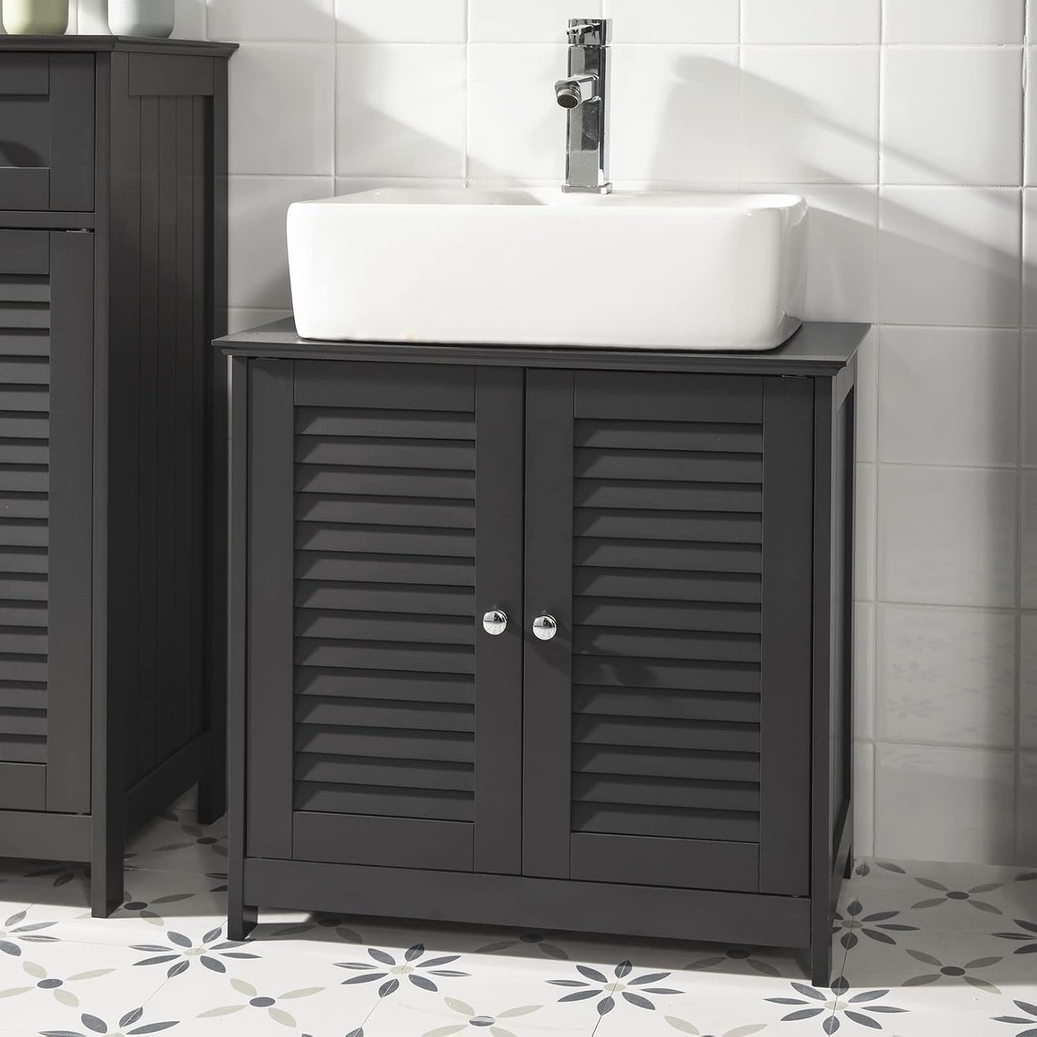 Dark Grey Under Sink Bathroom Cabinet – Louvered Door Storage Unit 60x35x58cm