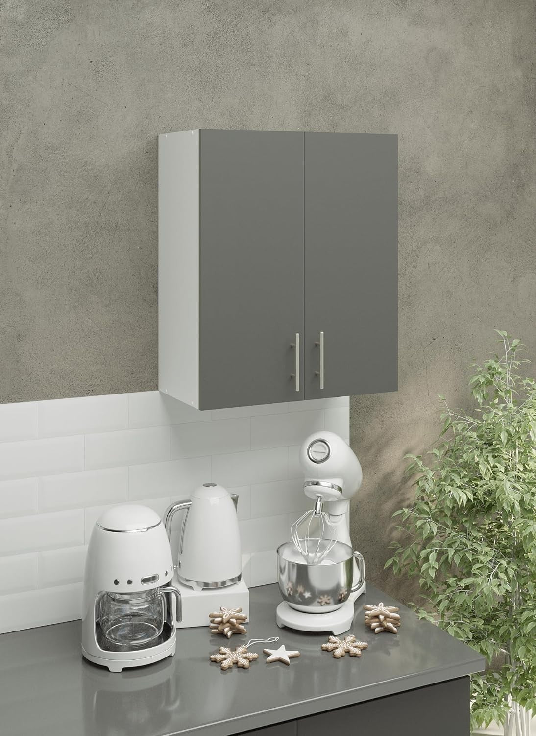 600mm Grey Matt Kitchen Wall Cabinet, Modern 2-Door Storage Unit