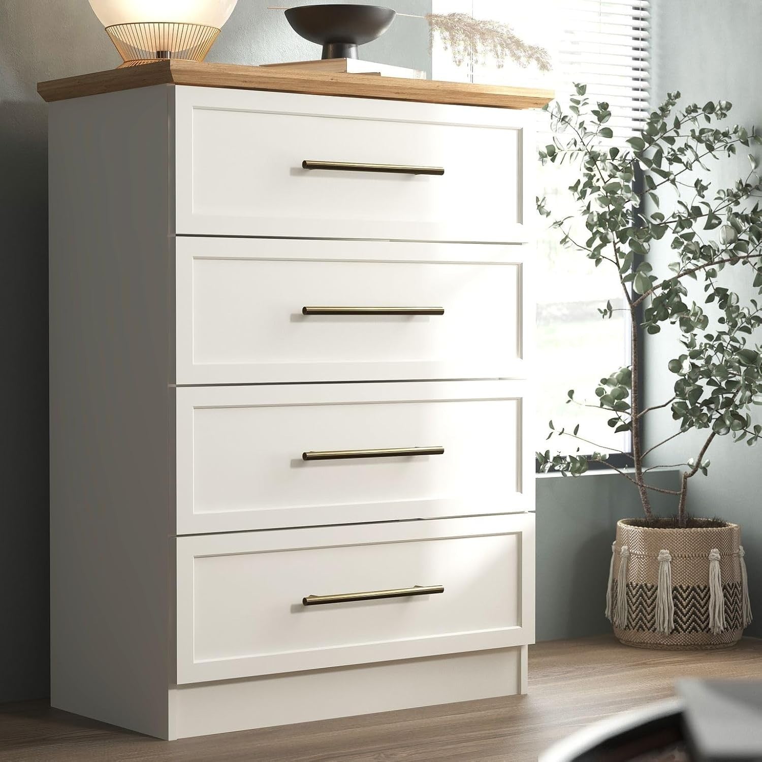 4 Drawer Chest Storage Cabinet for Bedroom, Hallway & Living Room, Ivory/Oak