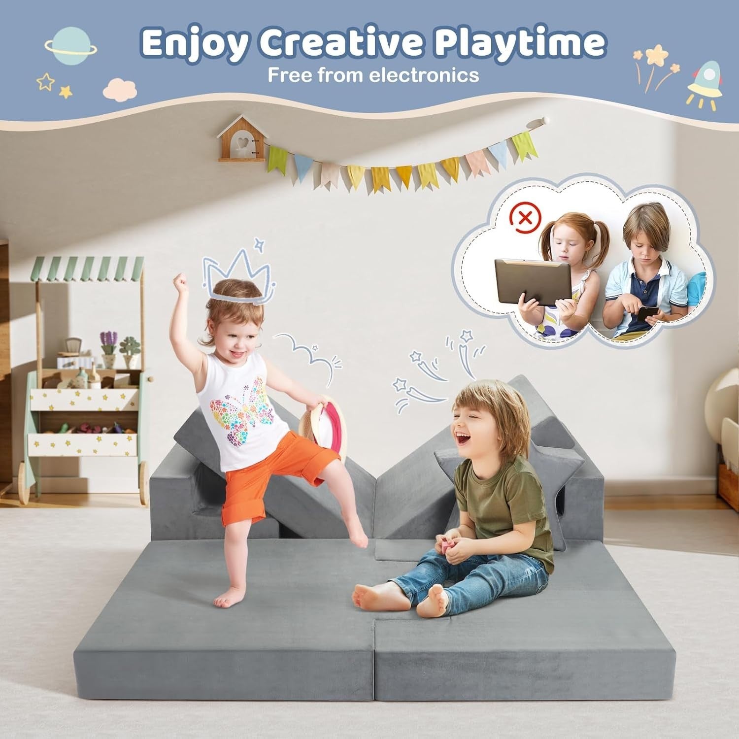 Modular Kids Foam Sofa Set with Glow-in-the-Dark, Washable Cover, Creative Play