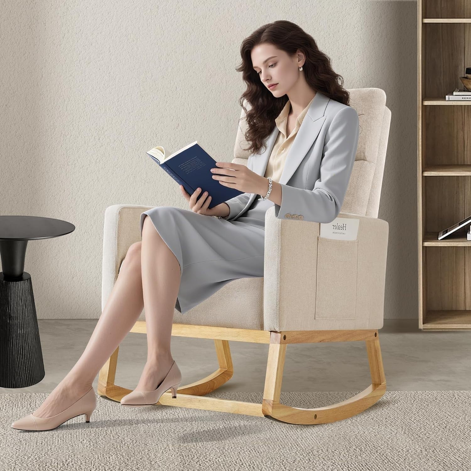 High Back Nursing Rocking Chair with Side Pockets & Durable Wood Base