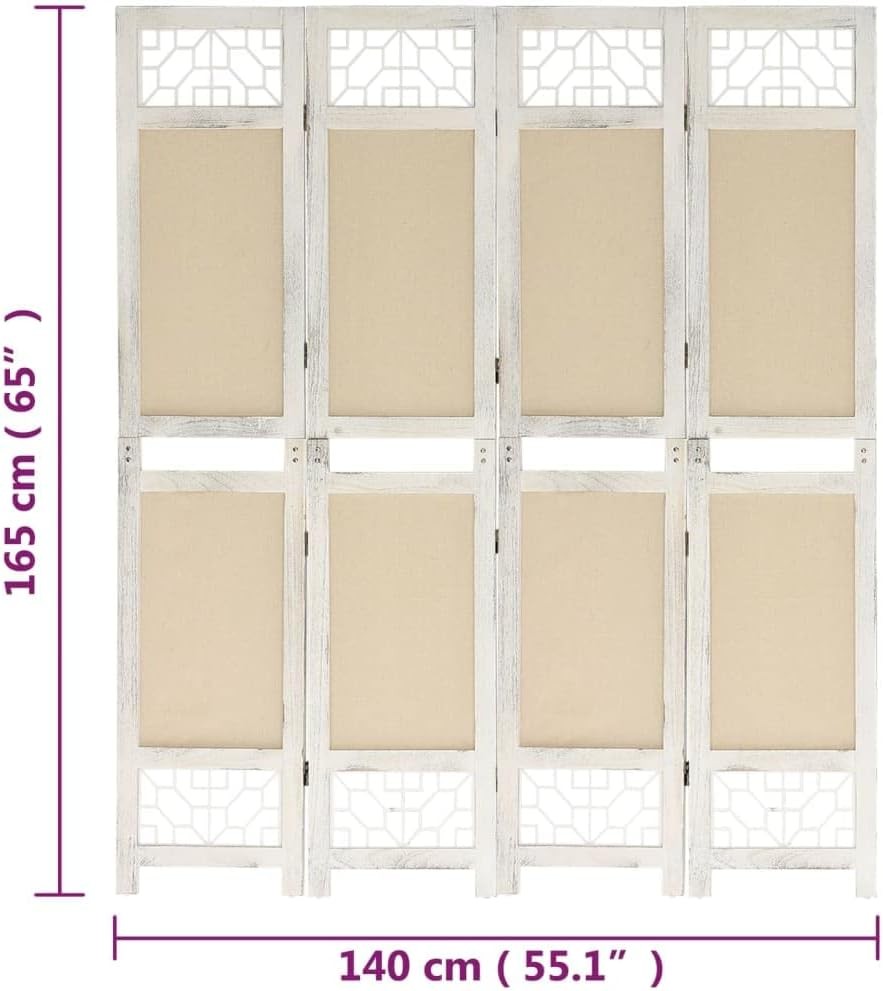 4 Panel Folding Room Divider 165x160cm Cream Wood Fabric Privacy Screen