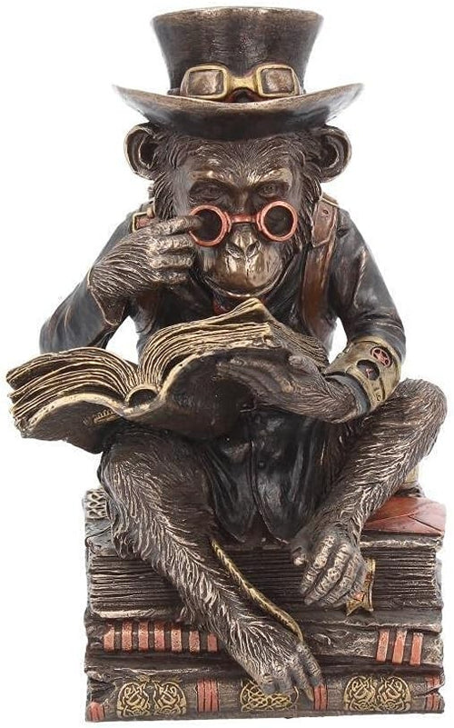 Steampunk Chimpanzee Scholar Figurine 19.5cm Resin Ornament Bronze Book Statue