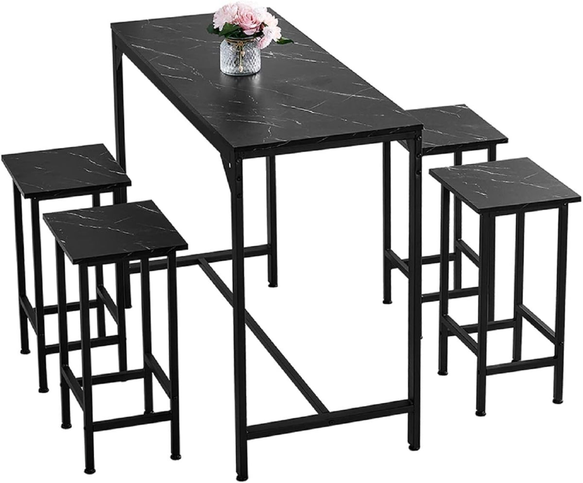 Bar Table Set with 4 Stools Compact Breakfast Bar Set Black Marble Space Saving
