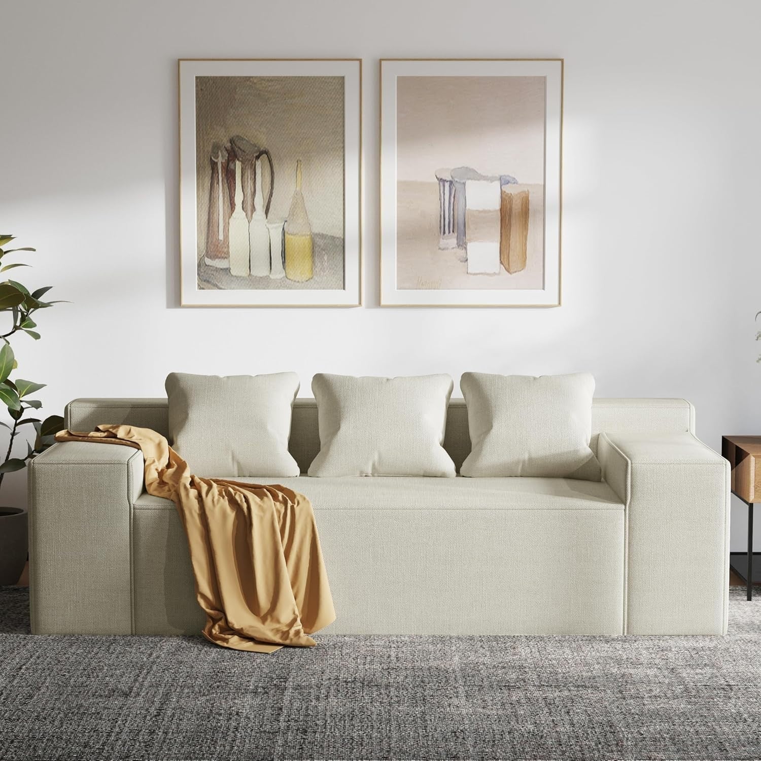 Beige Sofa in a Box 3 Seater Fabric Couch Small Space No Assembly