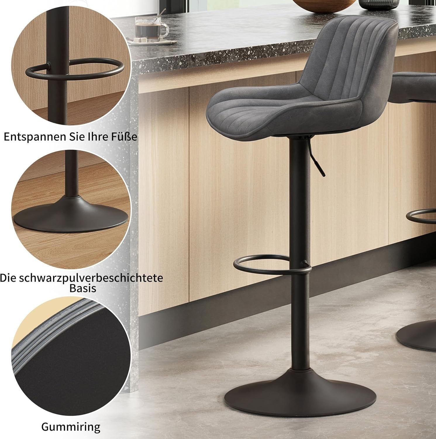 Grey Bar Stools Set of 2 | Memory Foam PU Seat, Adjustable Swivel, Oval