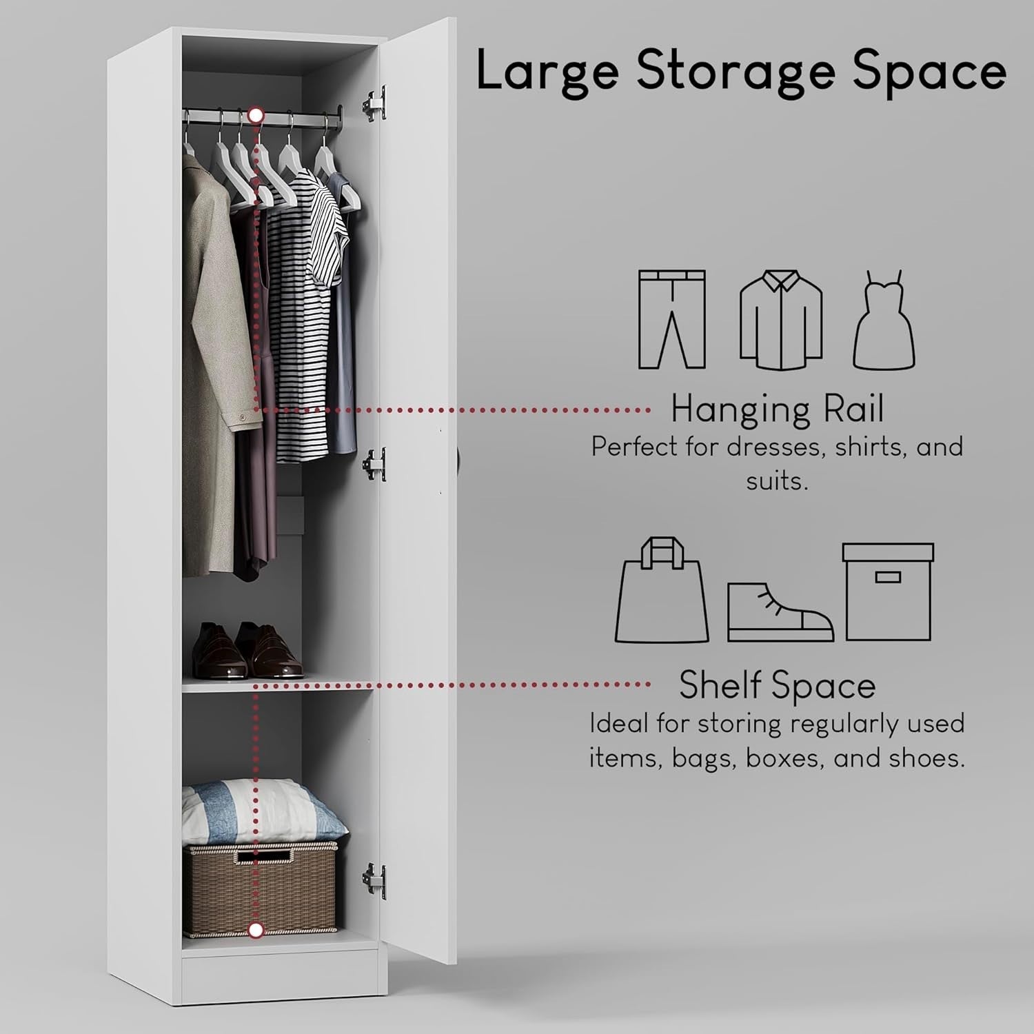 White Bedroom Wardrobe with Hanging Rail & Shelf | Modern 1 Door Storage