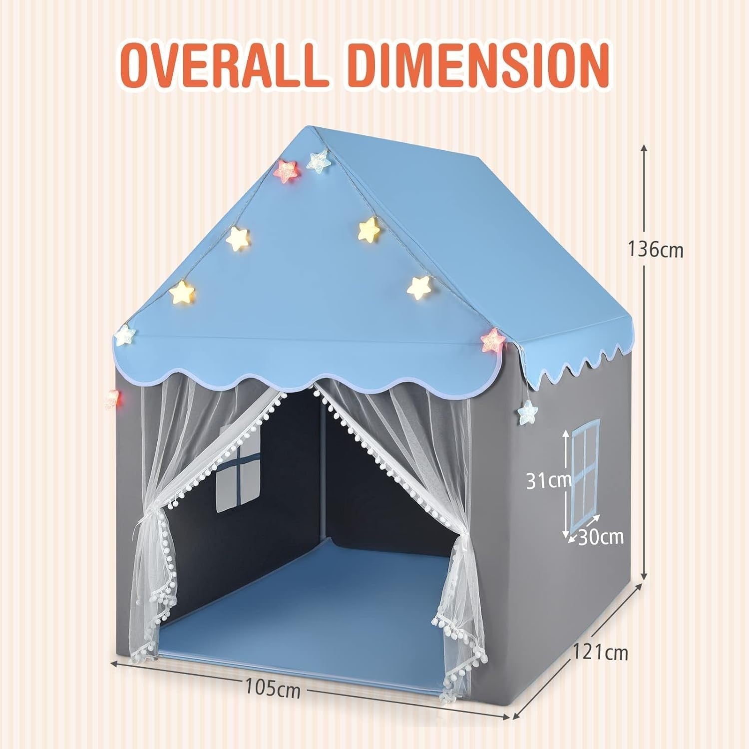 Blue Kids Castle Play Tent Indoor Outdoor w Lights Washable Mat