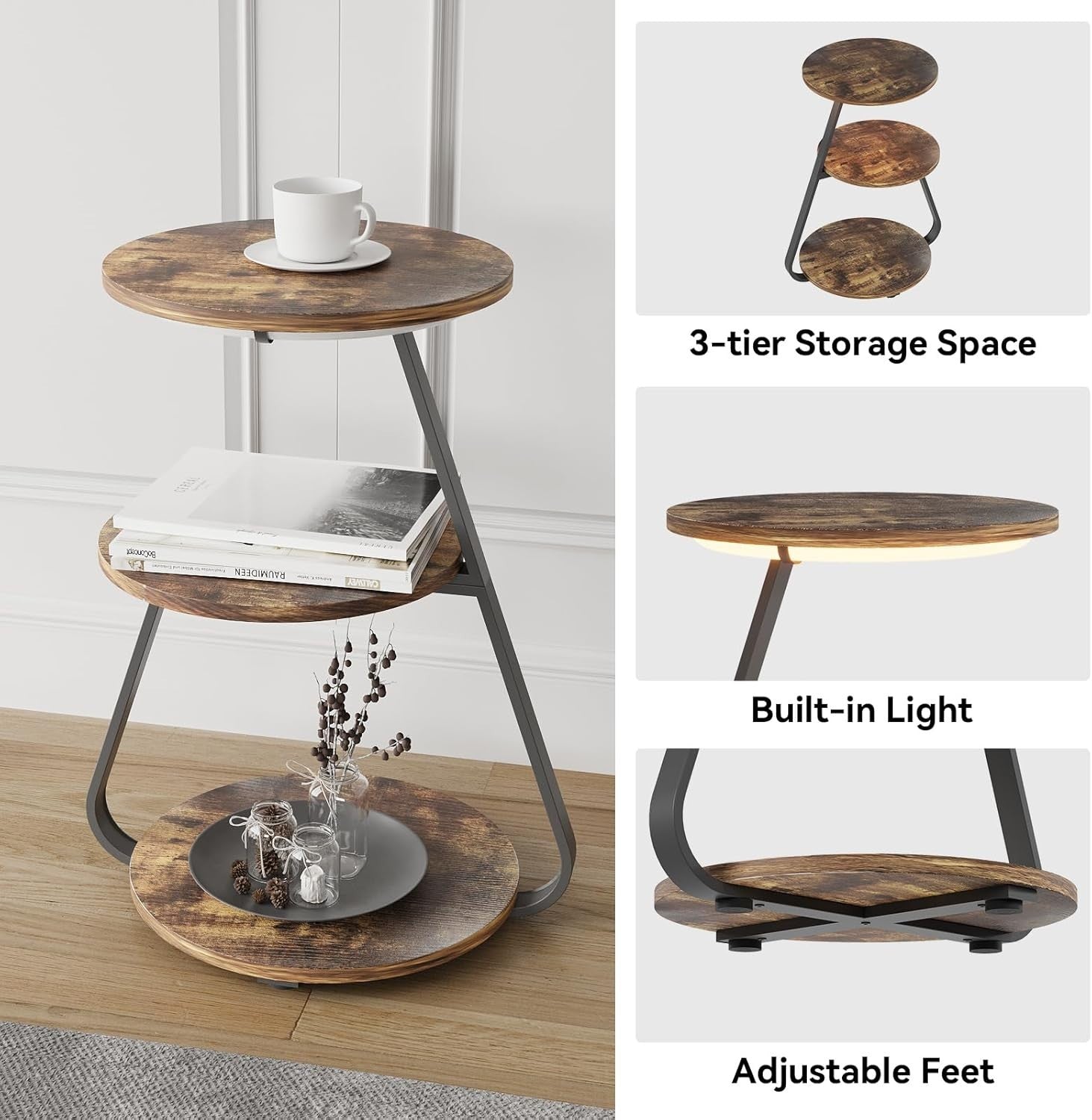 Round Side Table with LED Lights & 3 Tiers – End Bedside Coffee Table