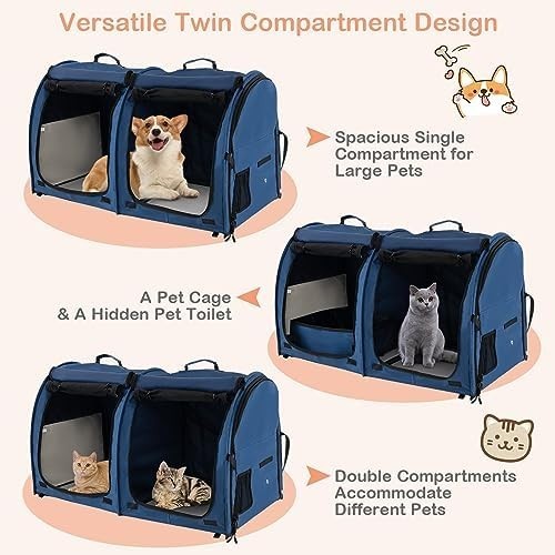 Foldable 2-in-1 Pet Carrier Navy Cat Dog Travel Crate with Hammocks & Litter Box