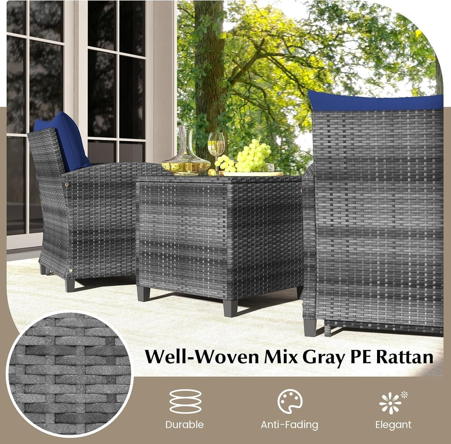 5-Piece Outdoor Rattan Patio Set with Cushions, Glass Table & Footstools