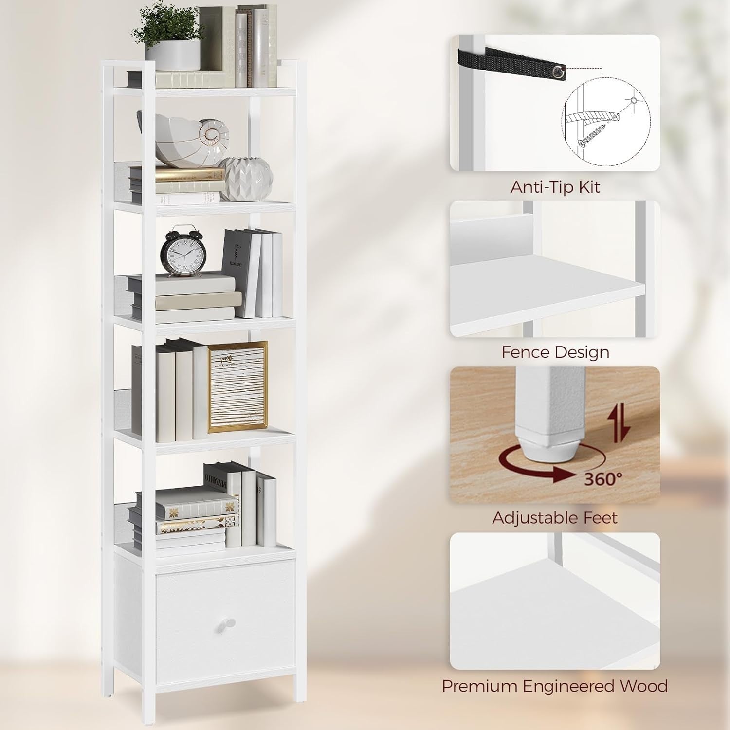 6 Tier Slim Bookshelf with Drawer Metal Frame Storage Rack for Small Spaces