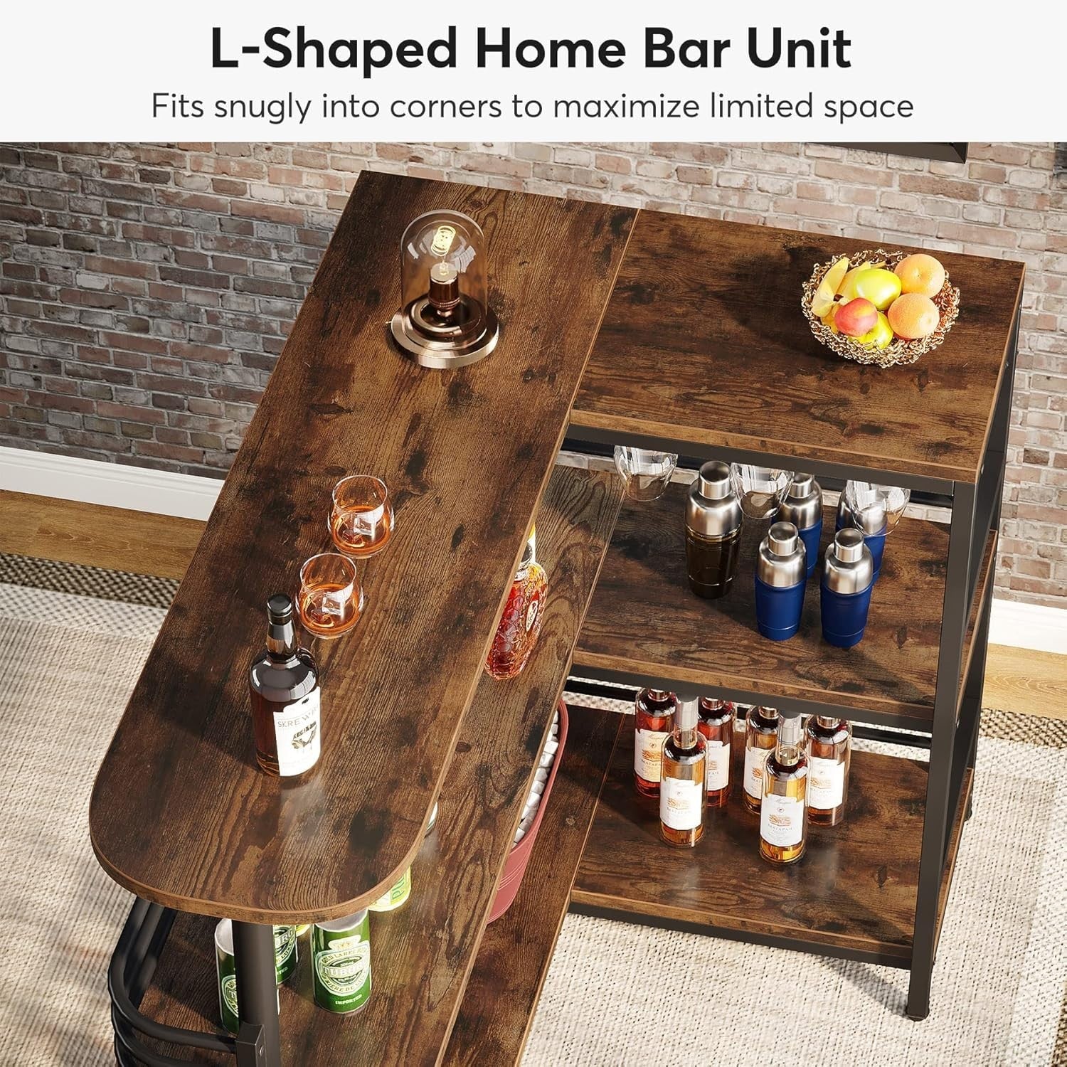 L-Shaped Home Bar Unit with Wine Glass Rack & Shelves Rustic Brown Kitchen Pub