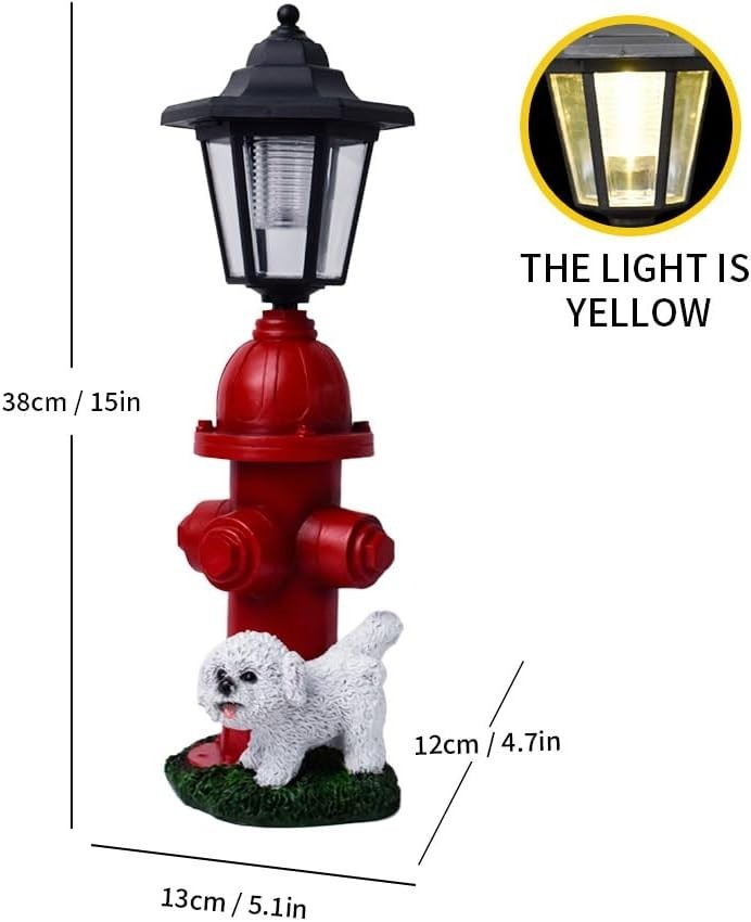 Puppy Garden Ornament with Hydrant & Solar Lamp • Resin Outdoor Statue Decor