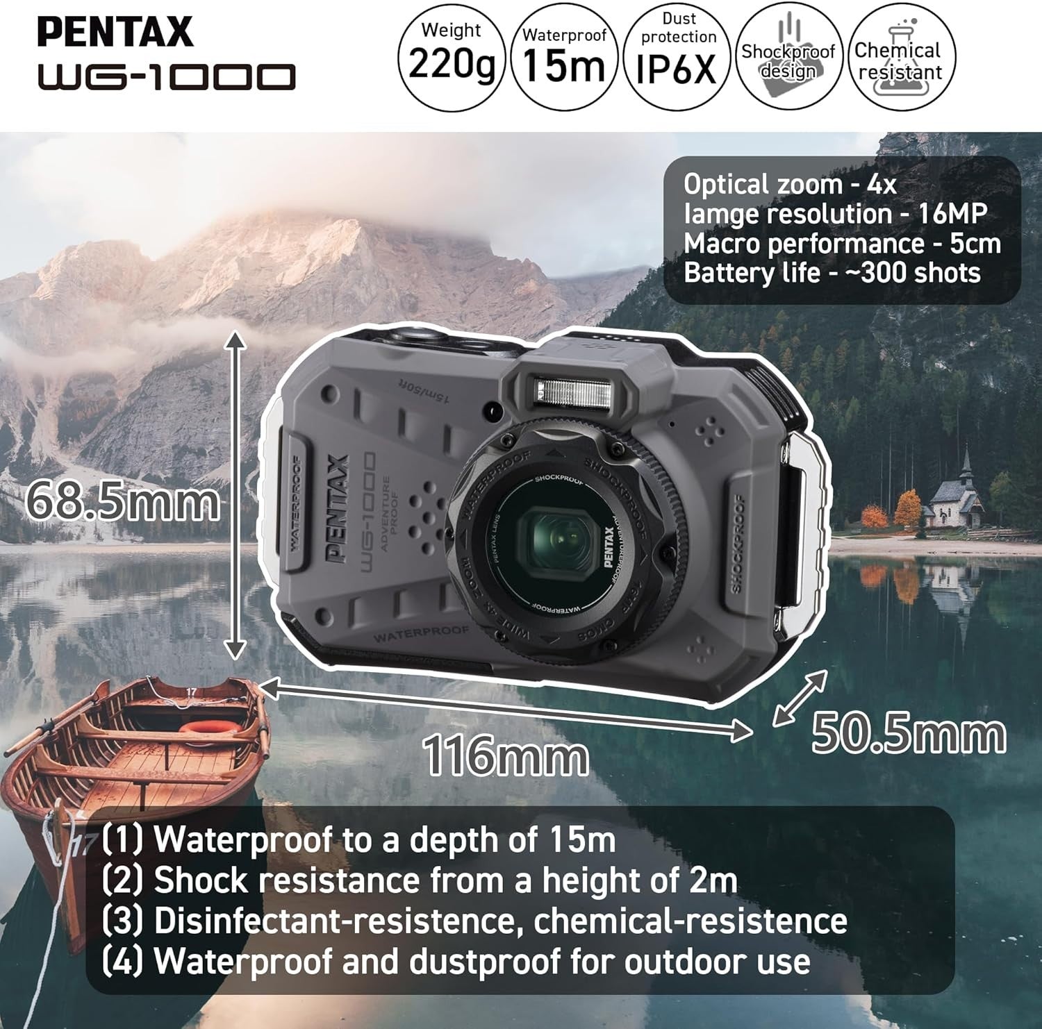Waterproof Digital Camera 15M Underwater Shockproof 4X Zoom Grey