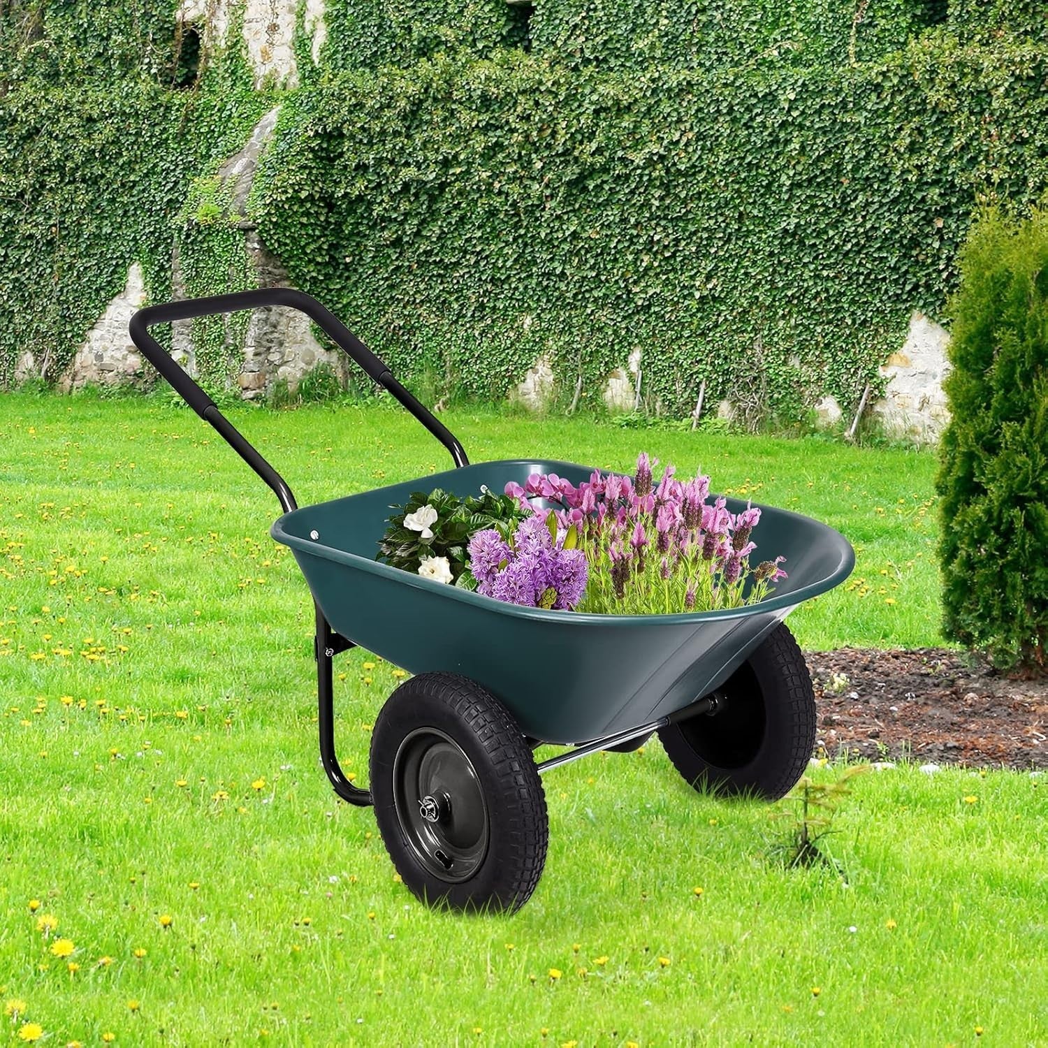 150kg 2-Wheel Garden Green Wheelbarrow – Pneumatic Tyres Heavy Duty Steel Frame