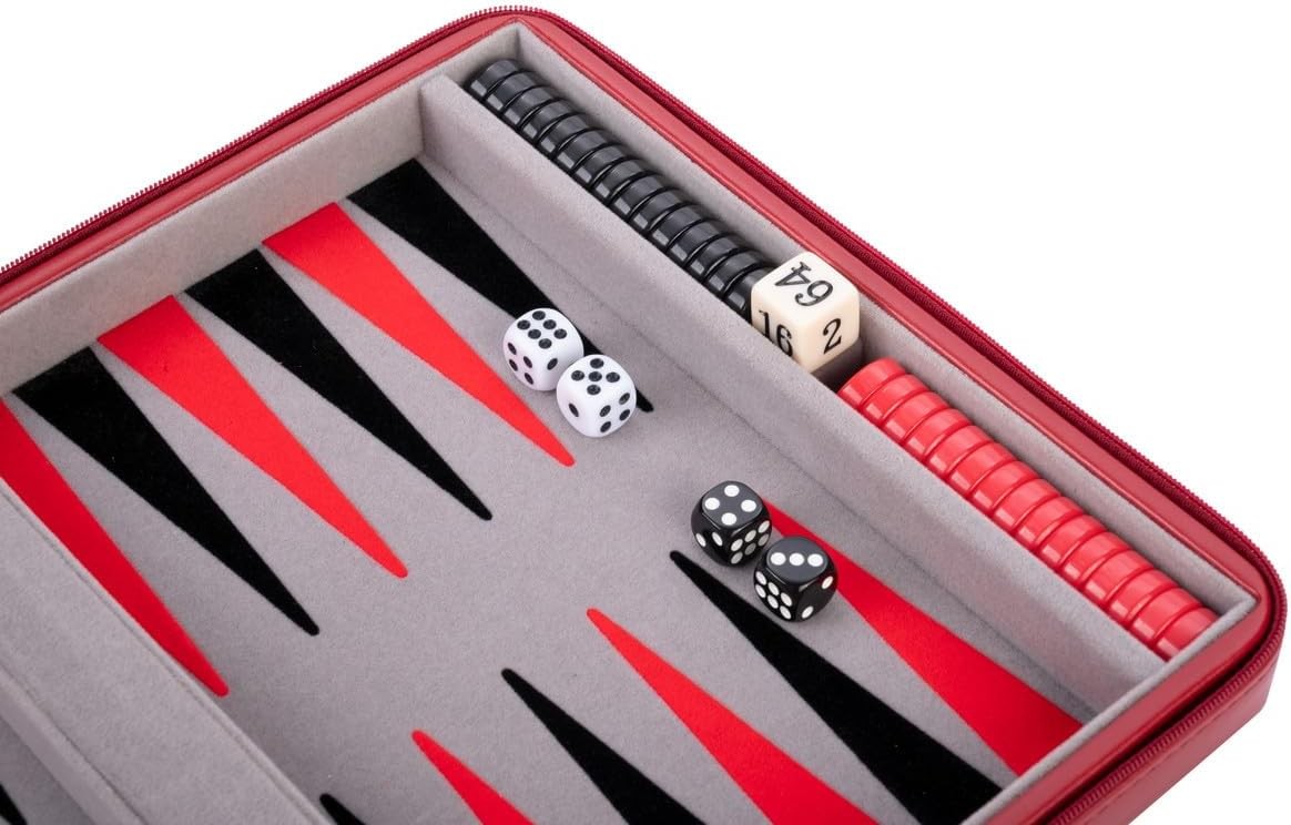 Travel Backgammon Set 9in Deluxe Faux Leather Zip Case Portable Board Game