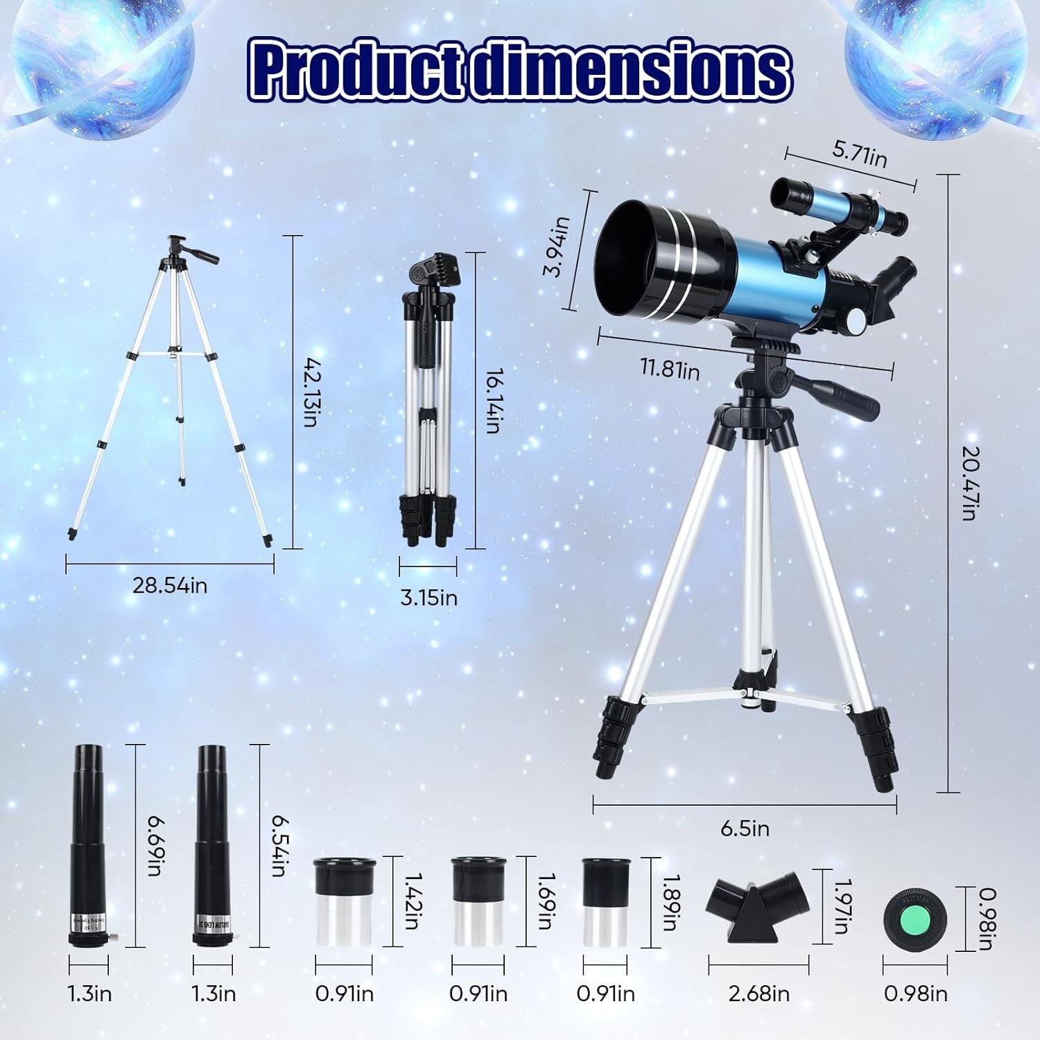 70mm Astronomy Refractor Telescope for Kids & Adults with Tripod - Blue