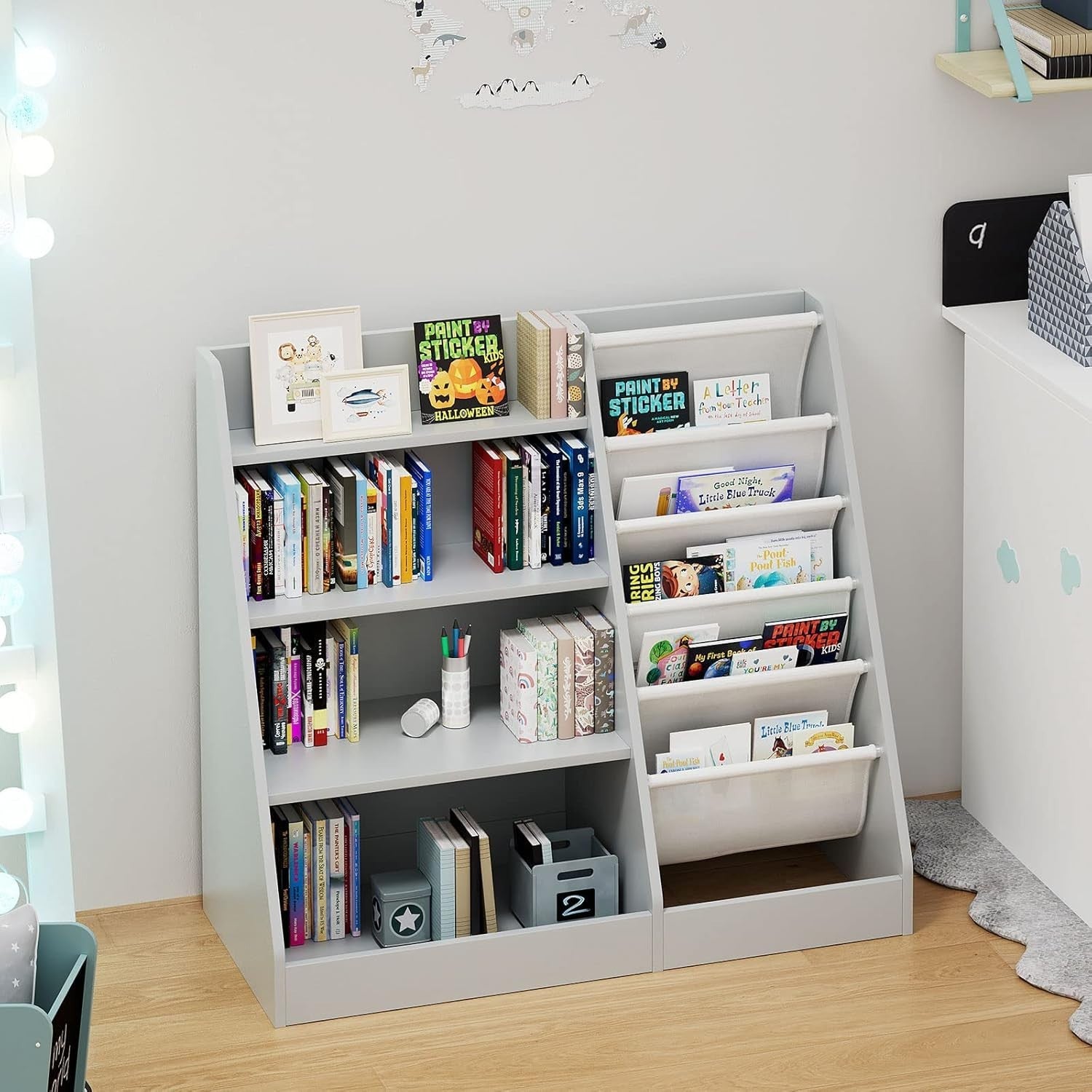 Kids Bookshelf with 5 Sling Pockets & 4 Shelves – Wooden Toy Organizer