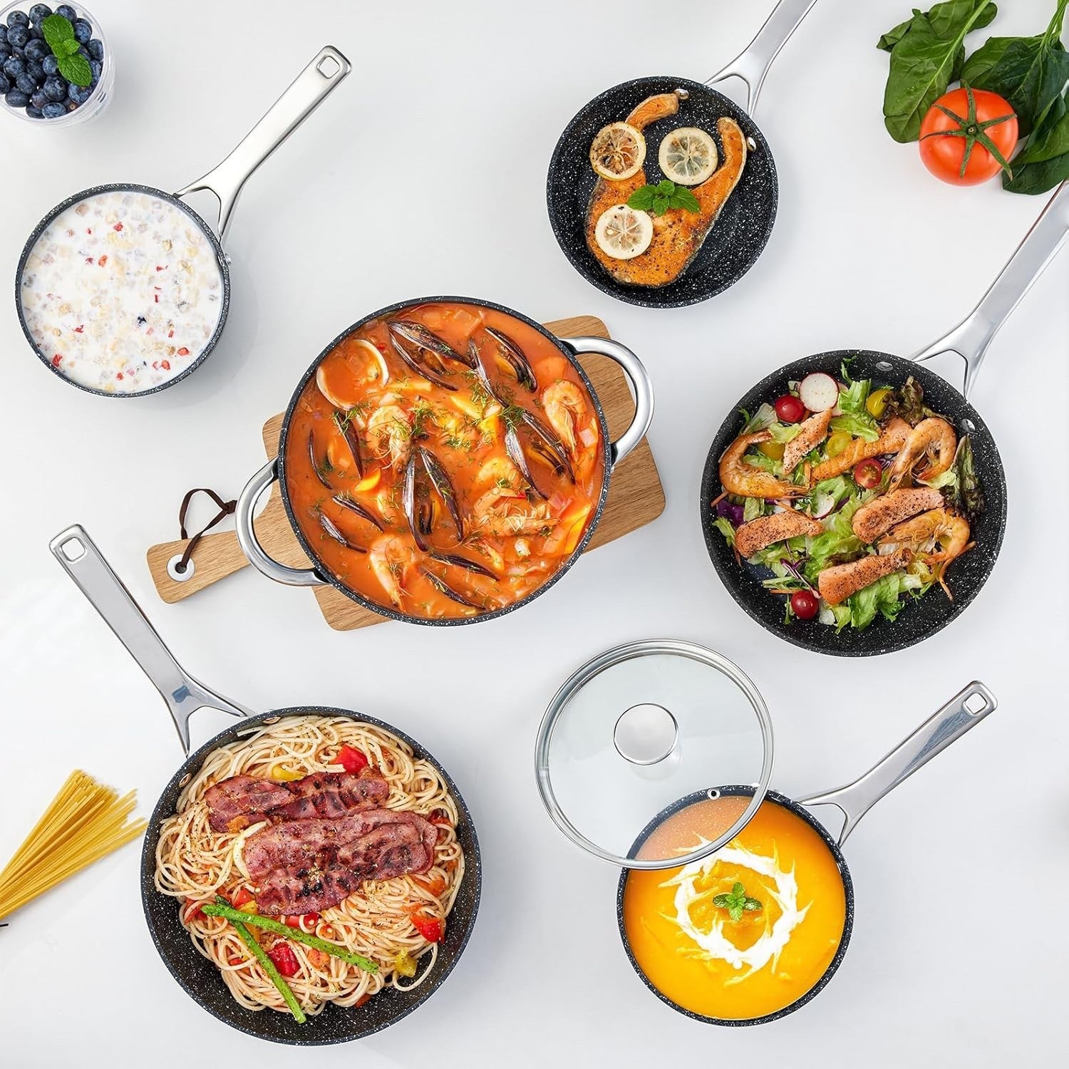 10Pcs Black Non Stick Induction Cookware Set with Frying Pans & Glass Lids