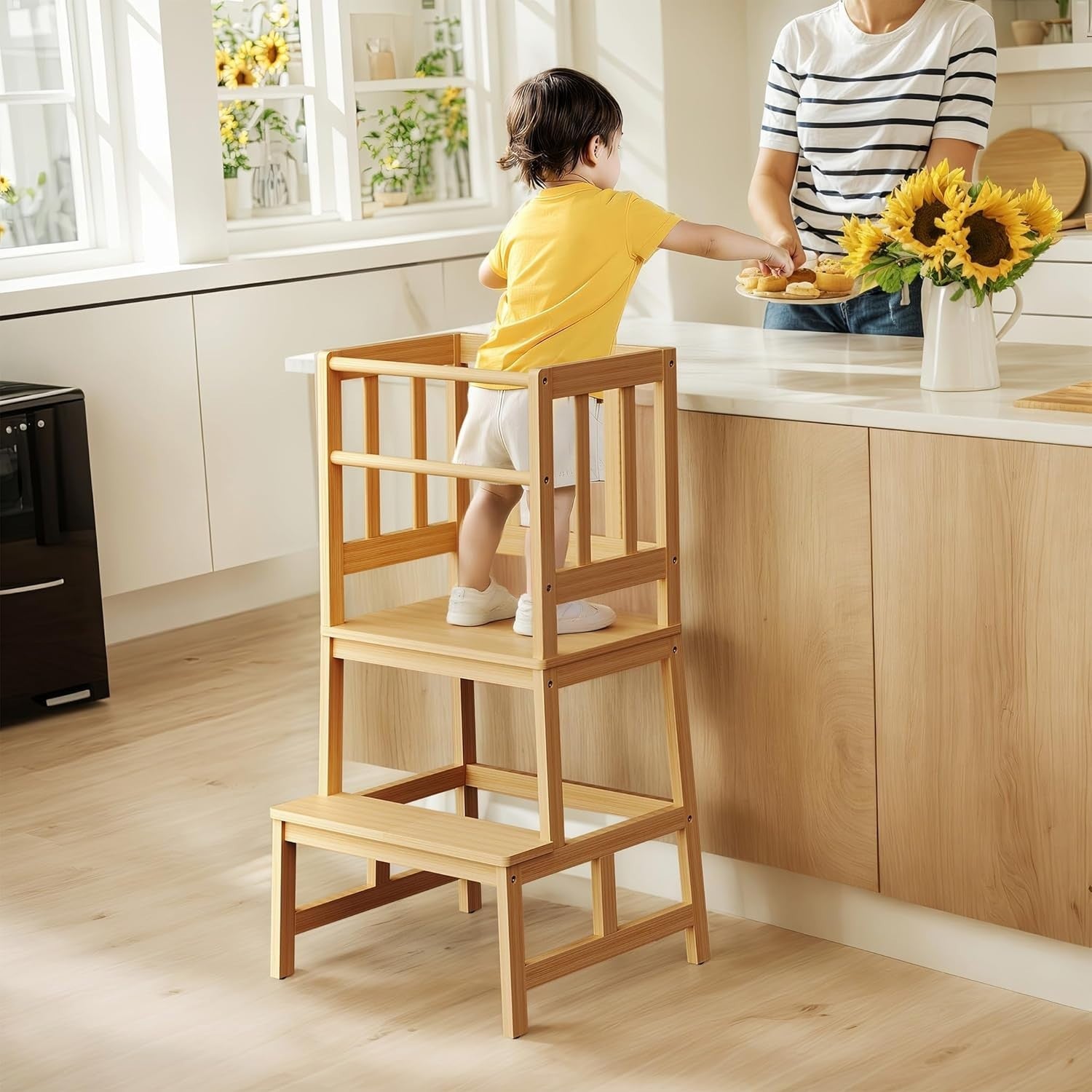 Kids Learning Tower Step Stool Bamboo Kitchen Helper Safe Sturdy 46x46x90cm