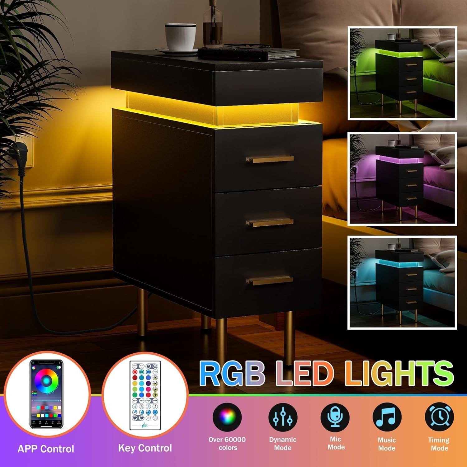Modern LED Bedside Table with USB Charging, 3 Drawers + Hidden Storage