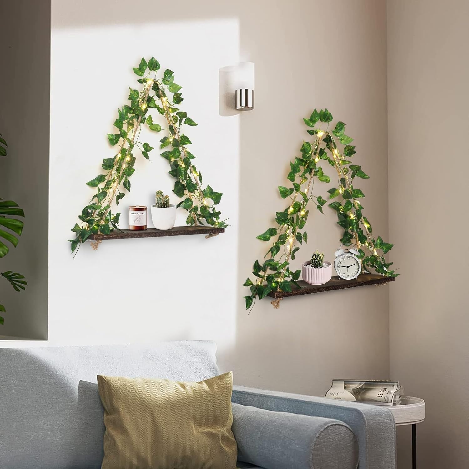 Boho Macrame Hanging Shelves LED Rustic Wood Wall Decor