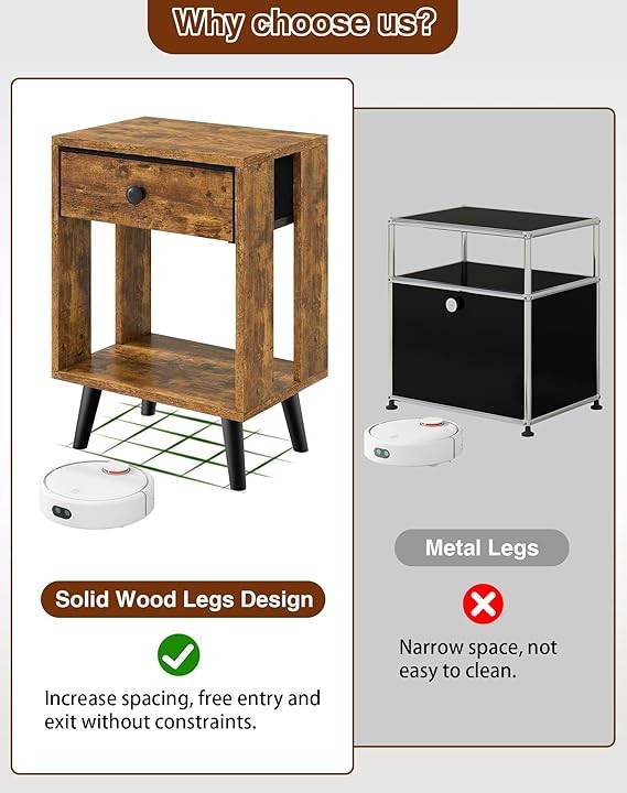 Rustic Bedside Tables Set of 2, Modern Nightstands with Drawer & Shelf, Solid