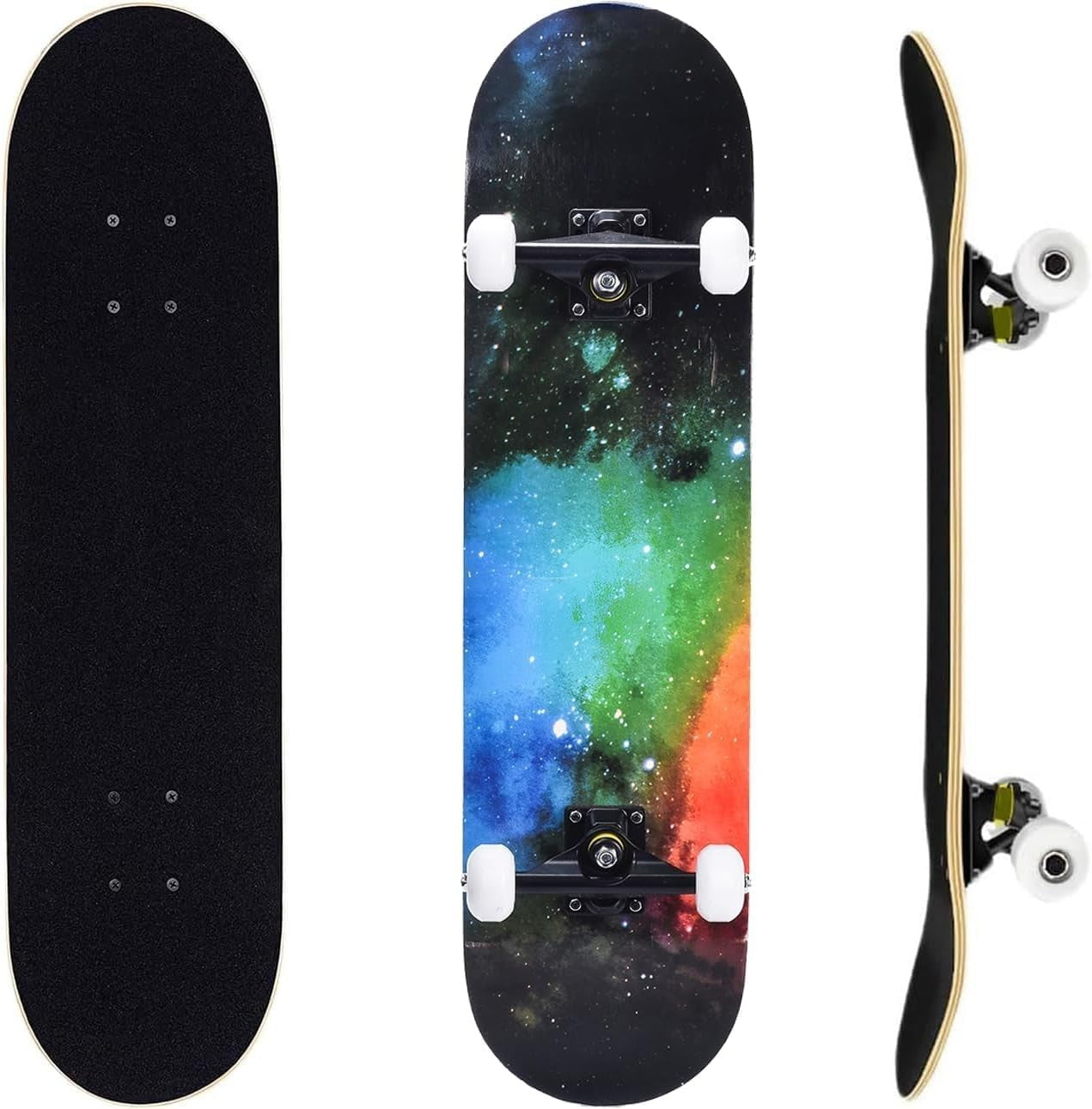 31in Beginner Skateboard Double Kick Maple Deck Kids Adults Rainbow + Tool