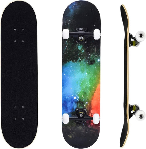 31in Beginner Skateboard Double Kick Maple Deck Kids Adults Rainbow + Tool