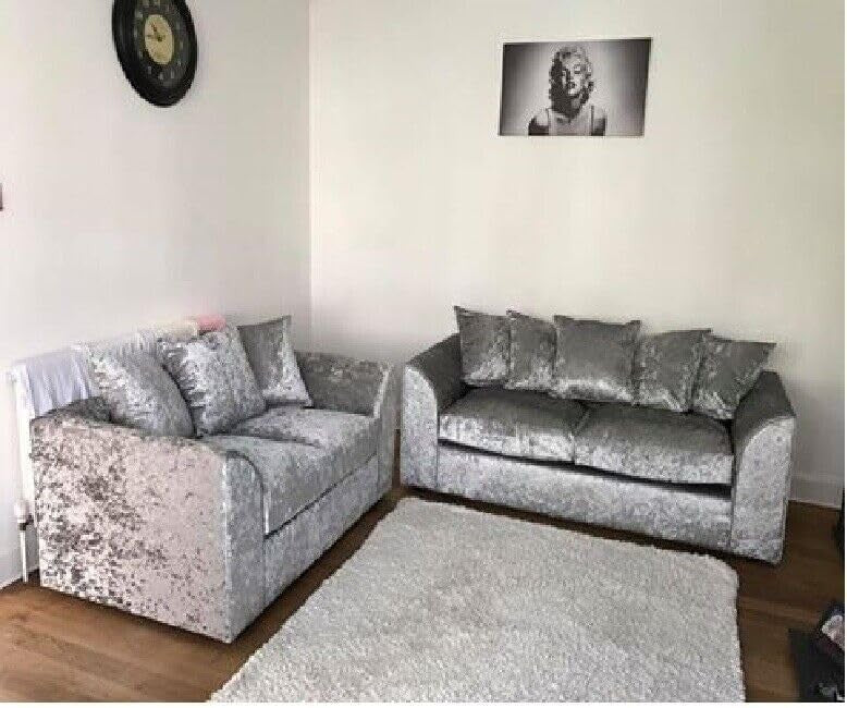 Silver Crushed Velvet Right Hand L Shape Sofa 3 2 Seater with Swivel
