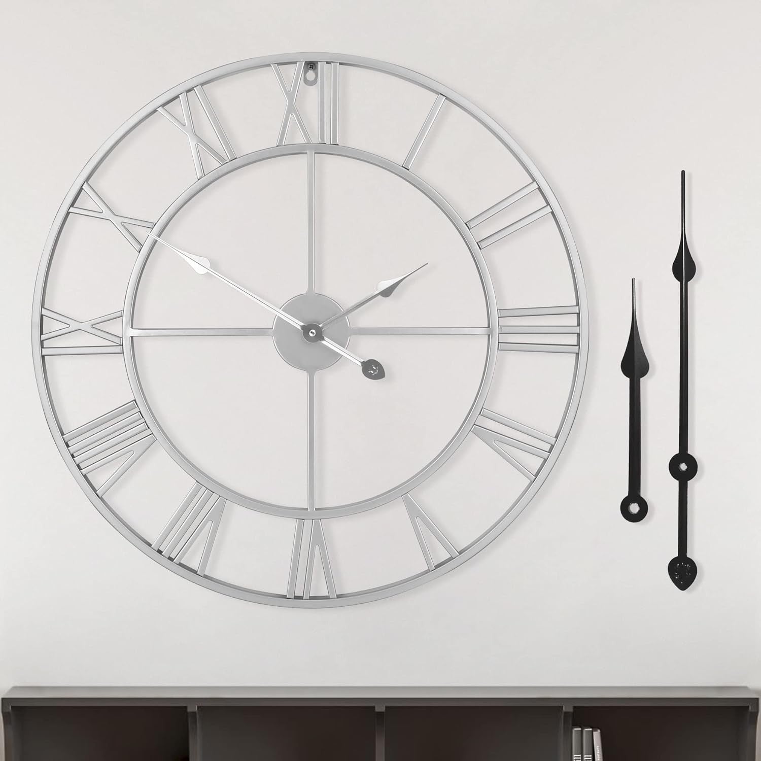 40cm Silver Roman Numeral Wall Clock Large Metal Silent Quartz Modern Decor