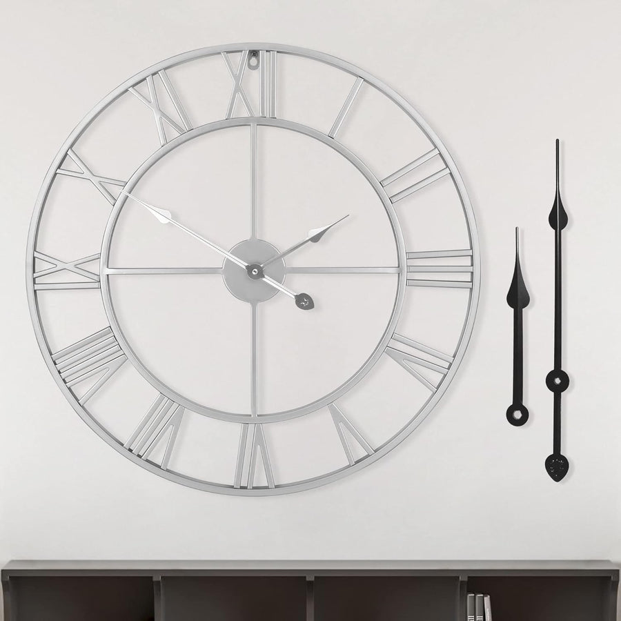 40cm Silver Roman Numeral Wall Clock Large Metal Silent Quartz Modern Decor